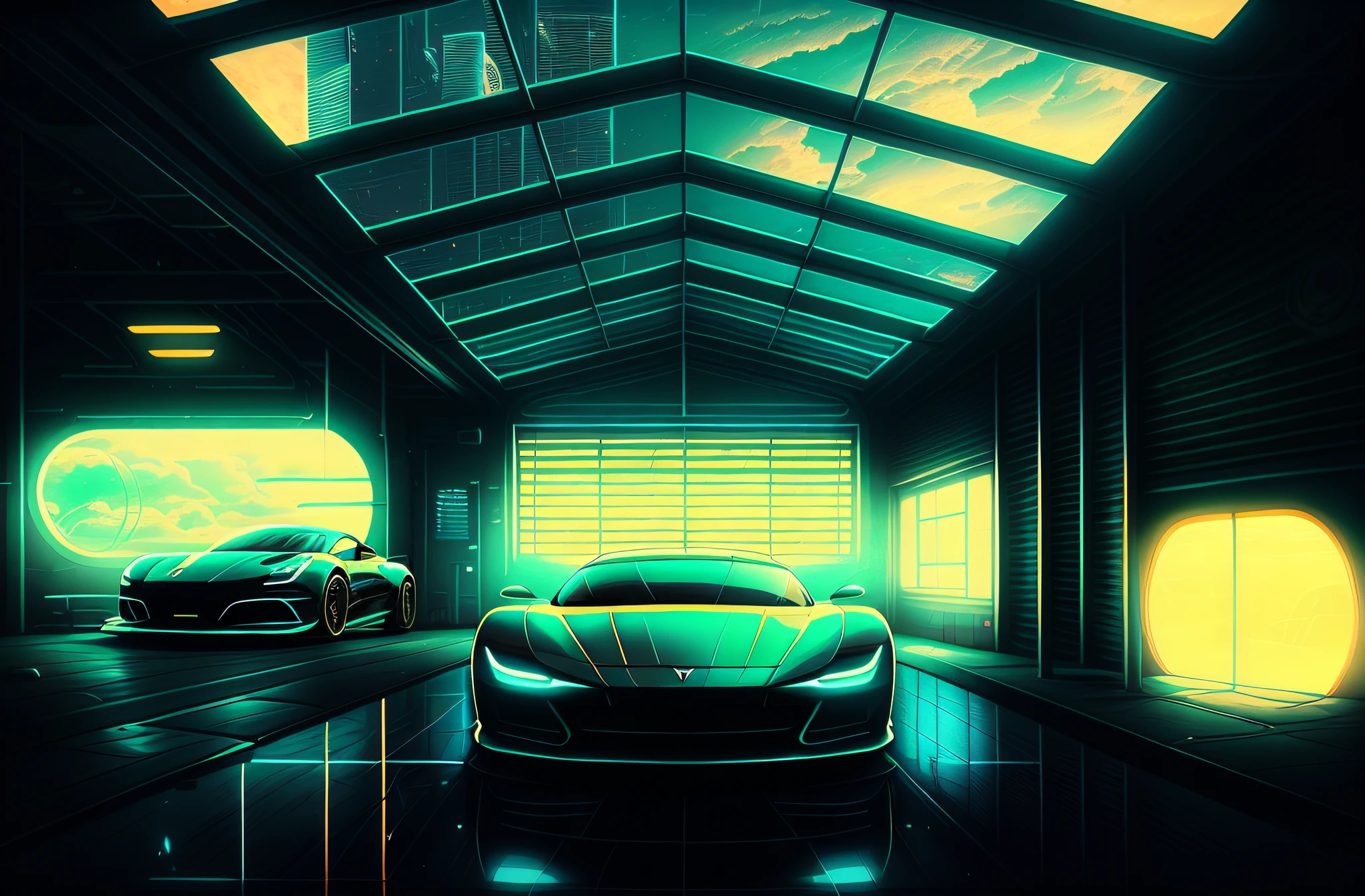 there is a car that is sitting in a garage with a skylight, sports car in the room, inspired by Mike Winkelmann, futuristic product car shot, in style of beeple, in the art style of filip hodas, by Alexander Bogen, artem demura beeple, inspired by Harry Haenigsen, cyberpunk garage on jupiter