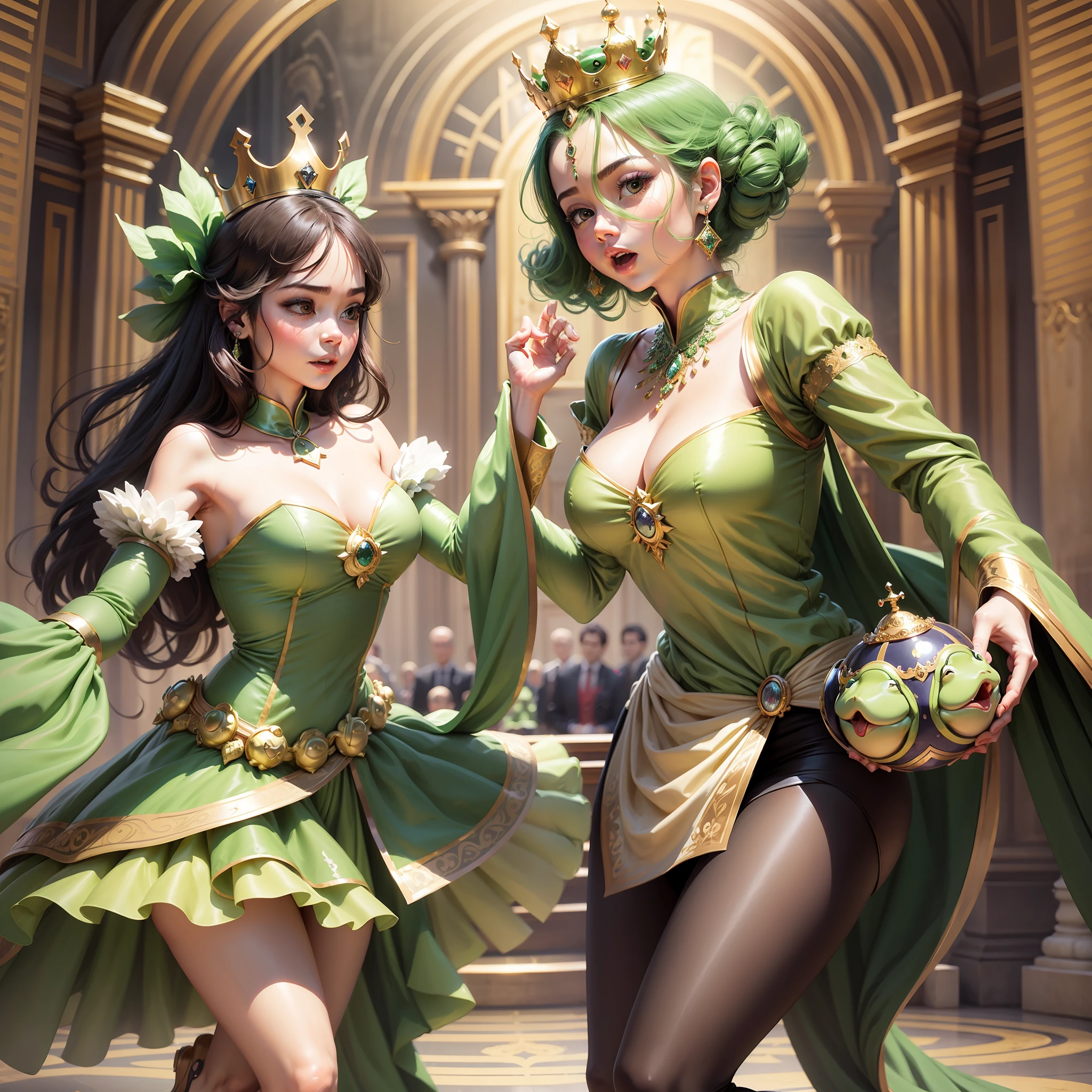 Create frog with frog face and prince's crown dancing with frog-faced frog woman and princess crown dancing at a classical ball --auto --s2