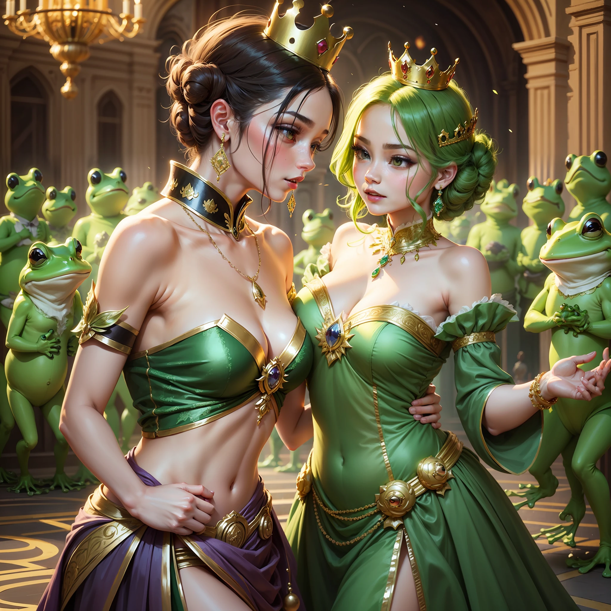 Create frog with frog face and prince's crown dancing with frog-faced frog woman and princess crown dancing at a classical ball --auto --s2