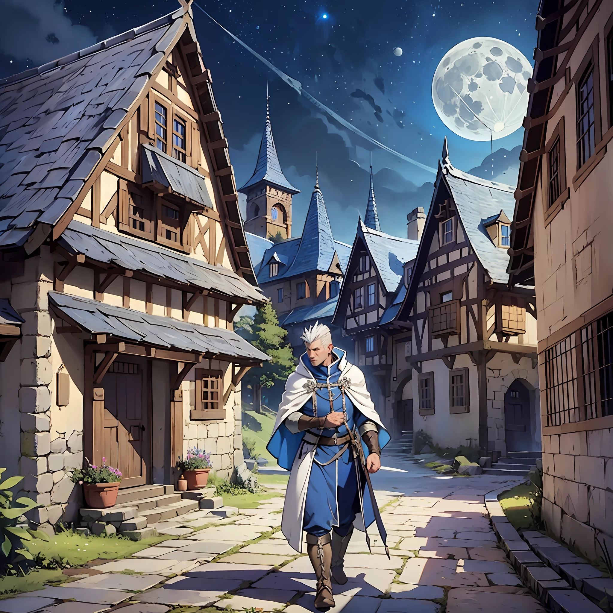 Castle medieval Village, Muscular Man, white hair shaved on the sides, Using a blue overcoat, Walking, night sky, full moon, realistic, Full HD, best quality