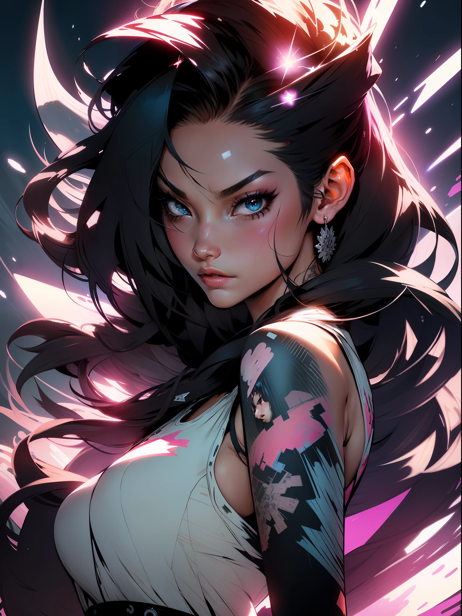 background, mixed-language_text, Japanese graffiti letters, a young warrior with long black hair cascading down her back. His eyes are a deep shade of amber, which shine with intensity when he is in battle. She possesses an athletic and slender appearance, with a confident and determined posture. Her skin has a light tan tone, evidencing her strength and endurance, photo, sticker art, freedom, soul, digital illustration, comic style, centered, approaching perfection, dynamic, highly detailed, watercolor painting, artstation, concept art, smooth, sharp focus, illustration, art by carne griffiths and ,alone anime, centered, approaching perfection, drawing style illustrator, anime style, body with futuristic tribal tattoo style designs in dragon shape,  serious face and ultra detailed artwork, graffiti style destroyed city scenery with camera focus, :: style JOE MADUREIRA:: BEAUTIFUL WOMAN perfect and detailed, ultra detailed style clothes with tatoon designs and colors of light pink, black, white and gray, with various full-body attack poses and with immersive effects, hover effect, graffiti style background with vibrant colors "ultra HDR" detailed,  focus effect,black all star converse sneakers (masterpiece: 1.2, best quality), (finely detailed beautiful eyes: 1.2), extremely detailed hair, depth of field,shot with Canon EOS,lens 135mm f1.8,portrait of [x]((1Girl Kelly Brook Beautiful Woman )),long hair, straight and black,with a natural glow and stuck like ponytail ((Solo)), (Ultra detailed eyes:1.4),  (Finely detailed eyes and detailed face:1.3),), (With ULTRA DETAILED jeans and a white t-shirt with ultra detailed tatoom print throughout:1.3), (Beautiful and clear background:1.2), (CG