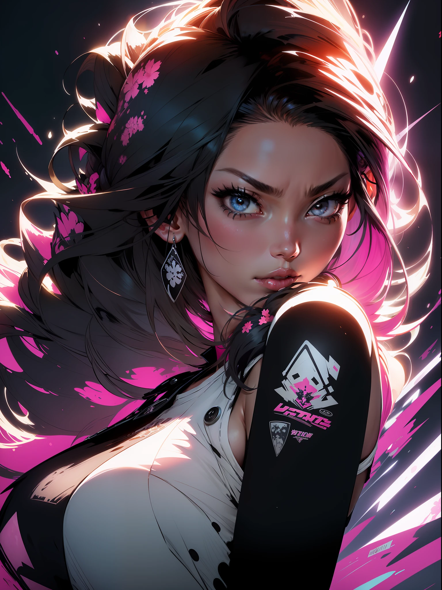 background, mixed-language_text, Japanese graffiti letters, a young warrior with long black hair cascading down her back. His eyes are a deep shade of amber, which shine with intensity when he is in battle. She possesses an athletic and slender appearance, with a confident and determined posture. Her skin has a light tan tone, evidencing her strength and endurance, photo, sticker art, freedom, soul, digital illustration, comic style, centered, approaching perfection, dynamic, highly detailed, watercolor painting, artstation, concept art, smooth, sharp focus, illustration, art by carne griffiths and ,alone anime, centered, approaching perfection, drawing style illustrator, anime style, body with futuristic tribal tattoo style designs in dragon shape,  serious face and ultra detailed artwork, graffiti style destroyed city scenery with camera focus, :: style JOE MADUREIRA:: BEAUTIFUL WOMAN perfect and detailed, ultra detailed style clothes with tatoon designs and colors of light pink, black, white and gray, with various full-body attack poses and with immersive effects, hover effect, graffiti style background with vibrant colors "ultra HDR" detailed,  focus effect,black all star converse sneakers (masterpiece: 1.2, best quality), (finely detailed beautiful eyes: 1.2), extremely detailed hair, depth of field,shot with Canon EOS,lens 135mm f1.8,portrait of [x]((1Girl Kelly Brook Beautiful Woman )),long hair, straight and black,with a natural glow and stuck like ponytail ((Solo)), (Ultra detailed eyes:1.4),  (Finely detailed eyes and detailed face:1.3),), (With ULTRA DETAILED jeans and a white t-shirt with ultra detailed tatoom print throughout:1.3), (Beautiful and clear background:1.2), (CG