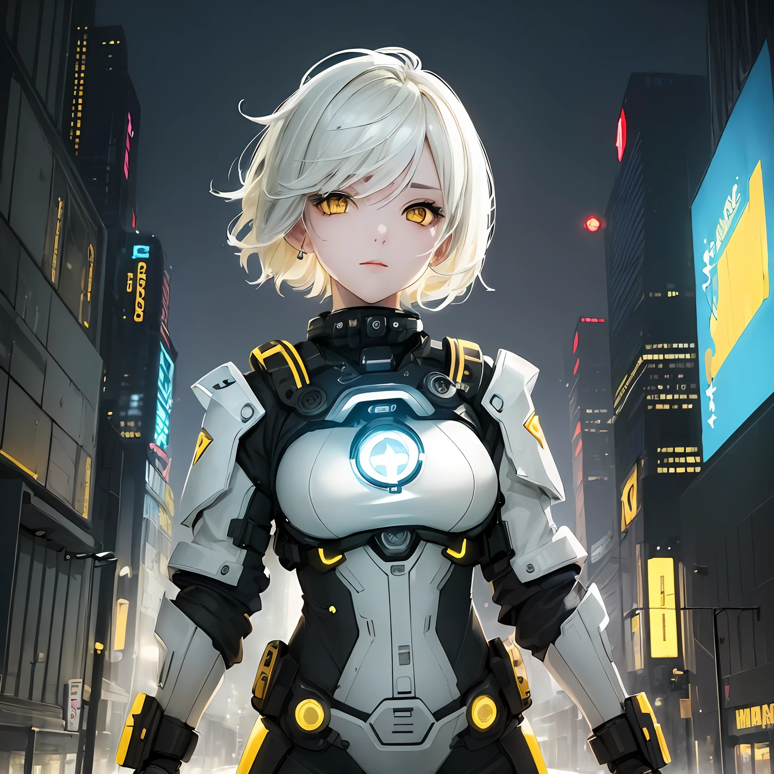(masterpiece best quality best luminosity best illustration:1.4), (best illustrative quality:1.2), (extremely drawn and well done eyes:1.3), (1girl) short white haired, (yellow eyes:1.2), wearing technological cyberpunk clothes, soft Paramount studio cinematic lighting, (futuristic city background, technological:0.3)0.4]