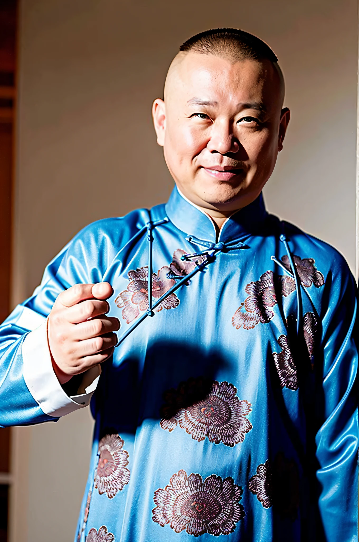 Best quality, super high resolution, (fidelity: 1.4), 1man, bald head, detailed eyes, upper body, peaceful, serious, kind, traditional Chinese clothing