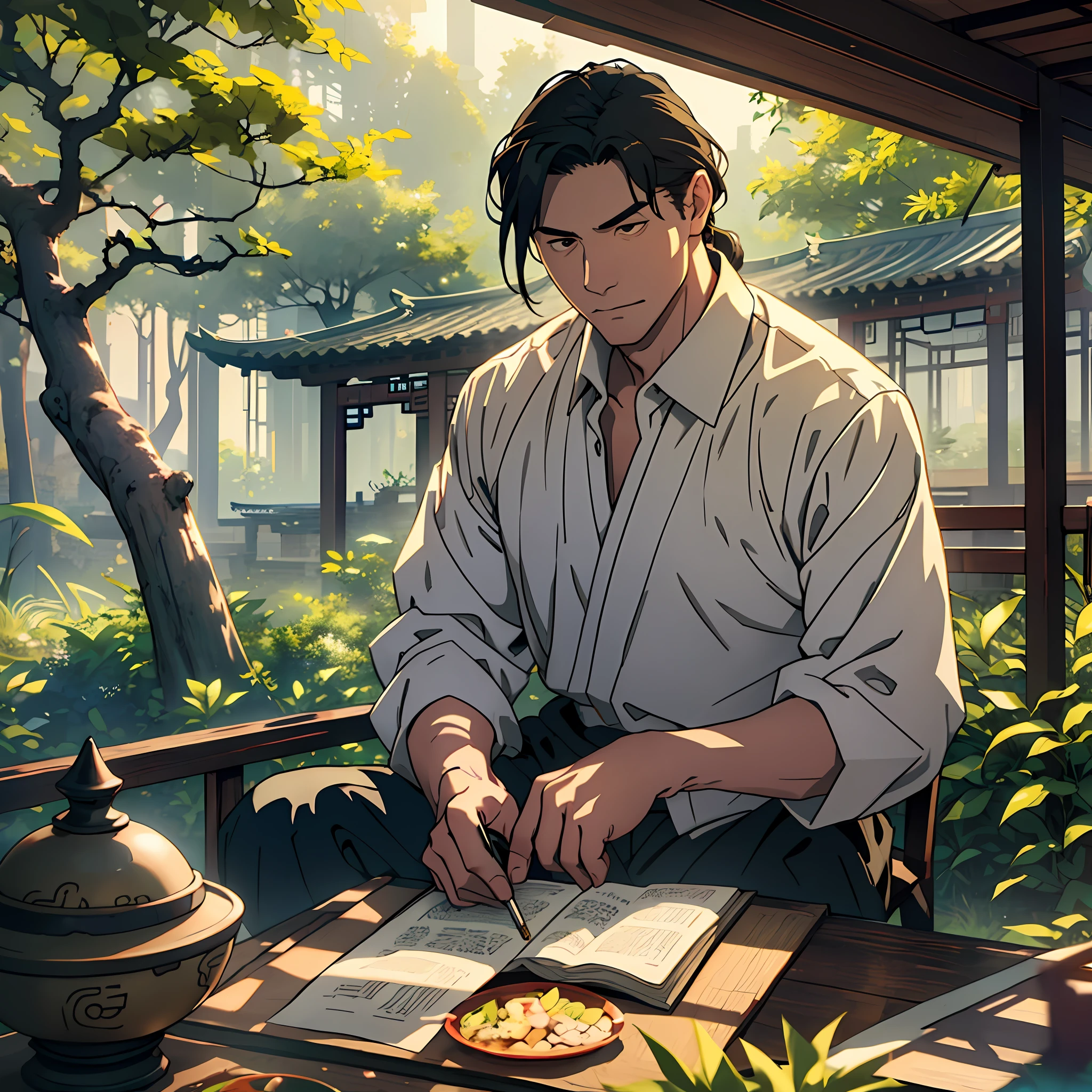 Screen settings:
(high-quality, hyper-detailed CG work), (bright natural light, transparent shadows, very delicate and beautiful), ancient Chinese landscape, soft evening sun, a hill, atmospheric garden, pavilion sitting a gentle middle-aged man.
Character setting:
The middle-aged man was dressed in cool white clothes, with wavy hairstyle, frowned slightly, and looked complicated. He picked up the cigarette in his hand, spit out the smoke ring leisurely, took a deep breath, and carefully took care of his clothes.
Prompt words:
Ancient Chinese architecture, pavilions, gardens, hills, gentle and elegant, wavy hairstyle, frowning, middle-aged male, with his own light source, smoke, handkerchief.