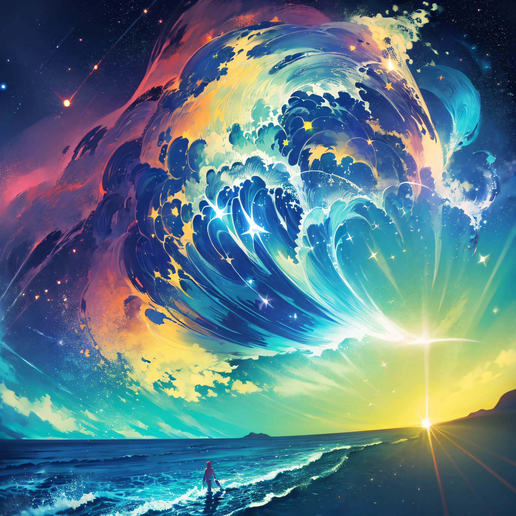 (masterpiece, best quality:1.4), cinematic light, colorful, high contrast, neon, sky, sunlight, space, stars at night, beach, wave --auto --s2