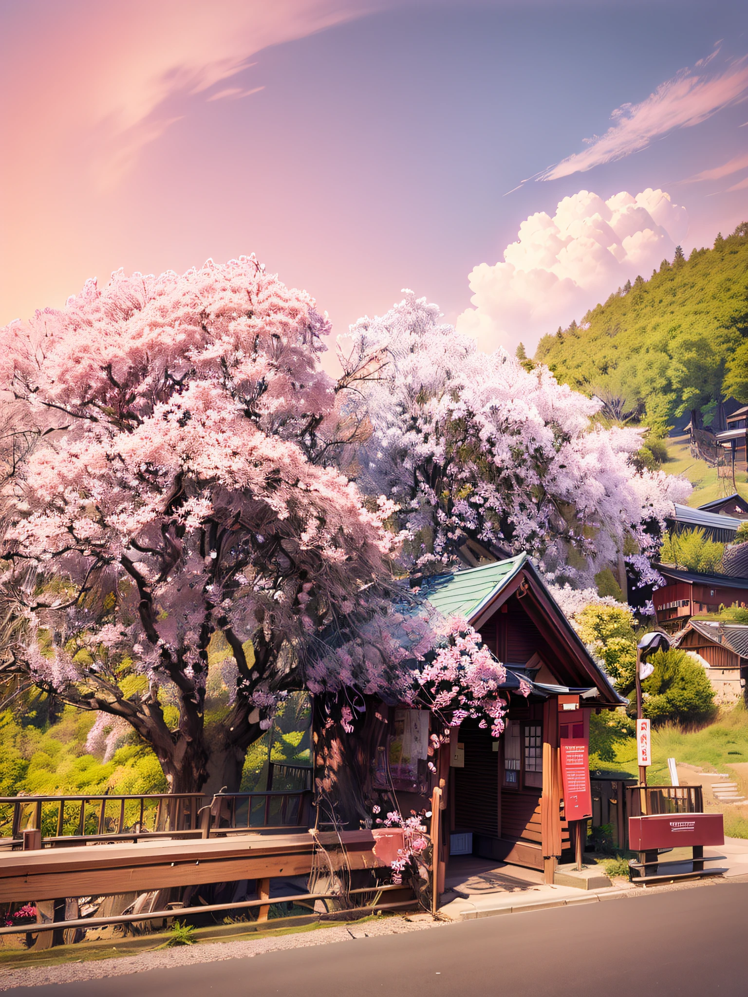There is a covered wooden stop, curved mirror, cherry blossom tree in the background, under the cherry tree, sakura season, sakura bloomimg, sakura tree, Japan house in the distance, beautiful rock store, lush cherry tree