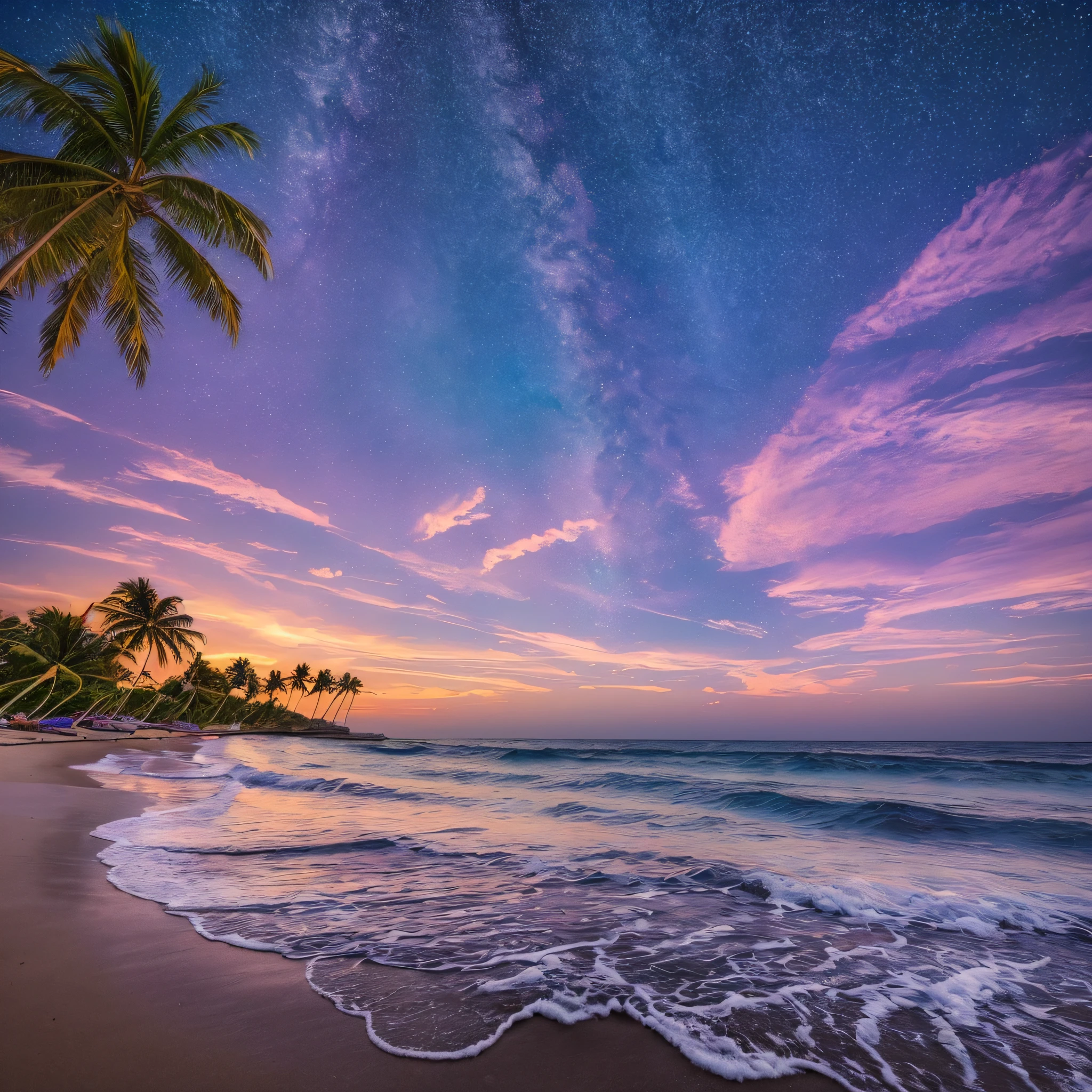 (masterpiece, best quality:1.4), cinematic light, colorful, high contrast, neon, sky, sunlight, space, stars at night, beach, waves, late afternoon, sunset, very purple and orange, image seen from bottom to top, depth, coconut trees --auto --s2