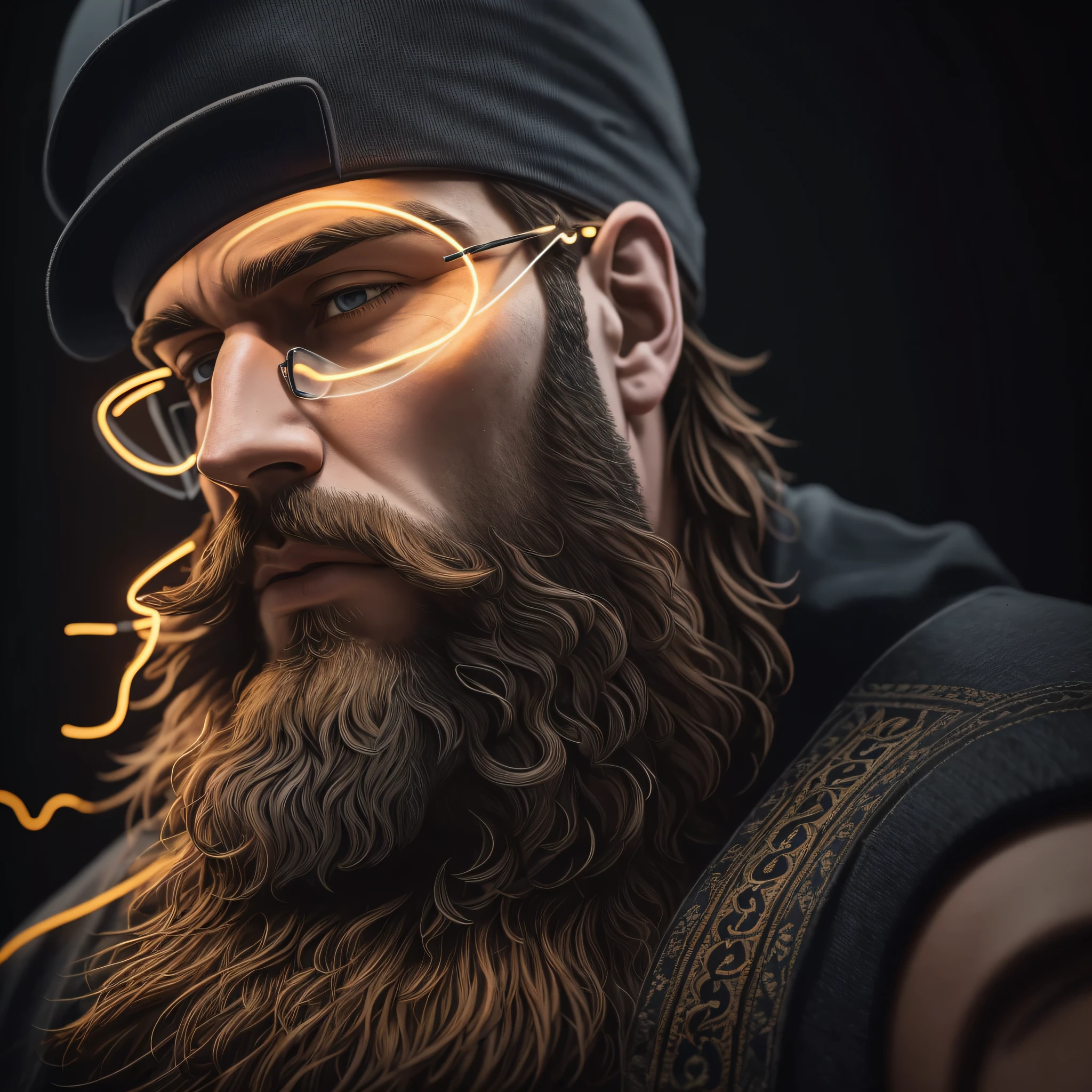 Bearded man wearing cap, hyper-realism, photorealistic, intricate and insanely detailed. dark background, illuminated by neon light --auto --s2