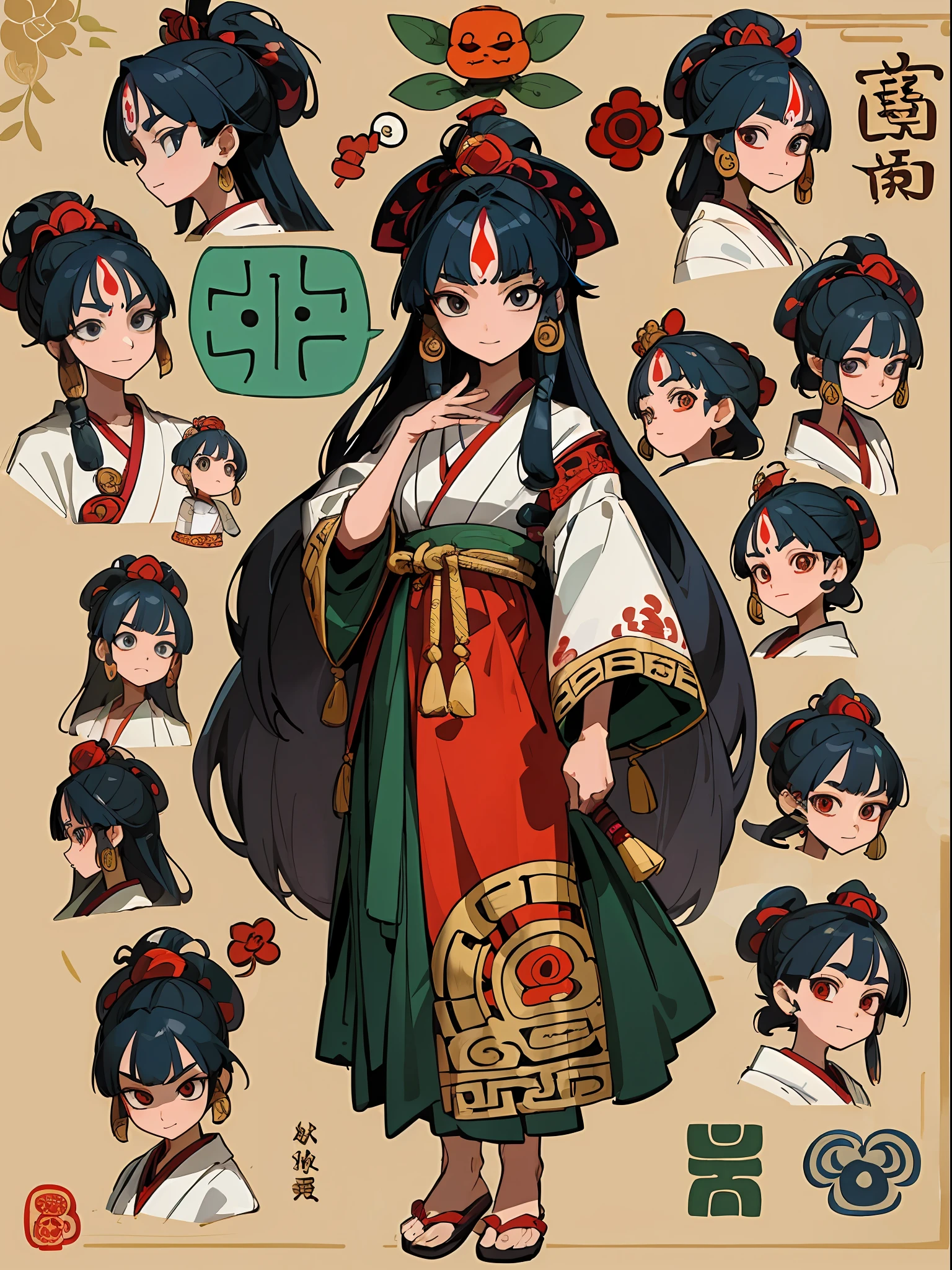 (Masterpiece, best quality) detailed, character list, Indian girl with many items, yokai illustration style, Aztec art, full of details, character sheet, multiple poss and expressions, highly detailed, depth, many parts
