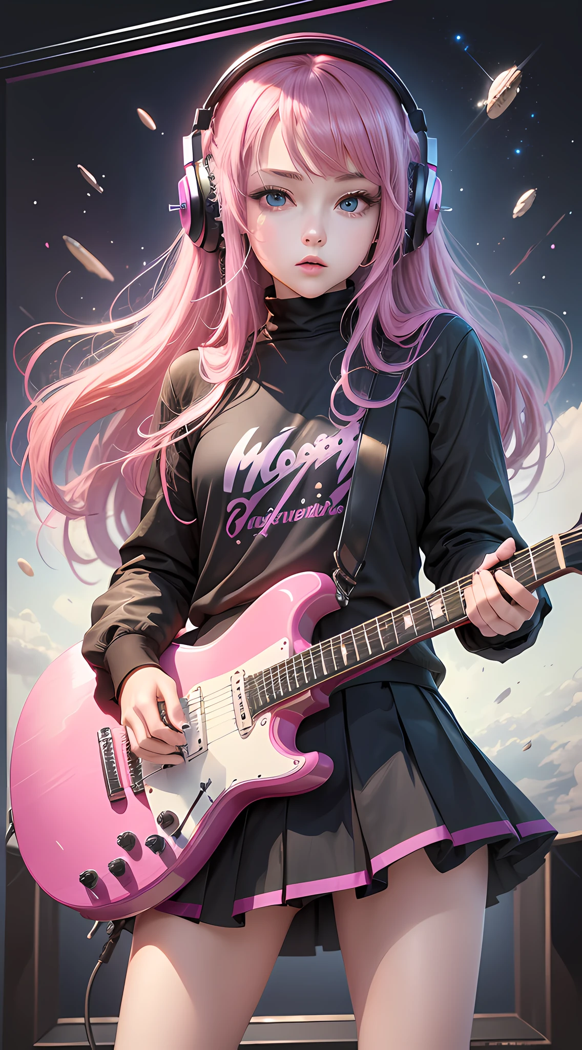 ((Masterpiece, Best Quality)), 1 Girl, Solo, Black Skirt, Blue Eyes, Electric Guitar, Guitar, Headphones, Holding, Grip Board, Musical Instrument, Long Hair, Music, Side Up, Pink Hair, Play Guitar, Pleated Skirt, Black Shirt, In Outer Space --auto --s2