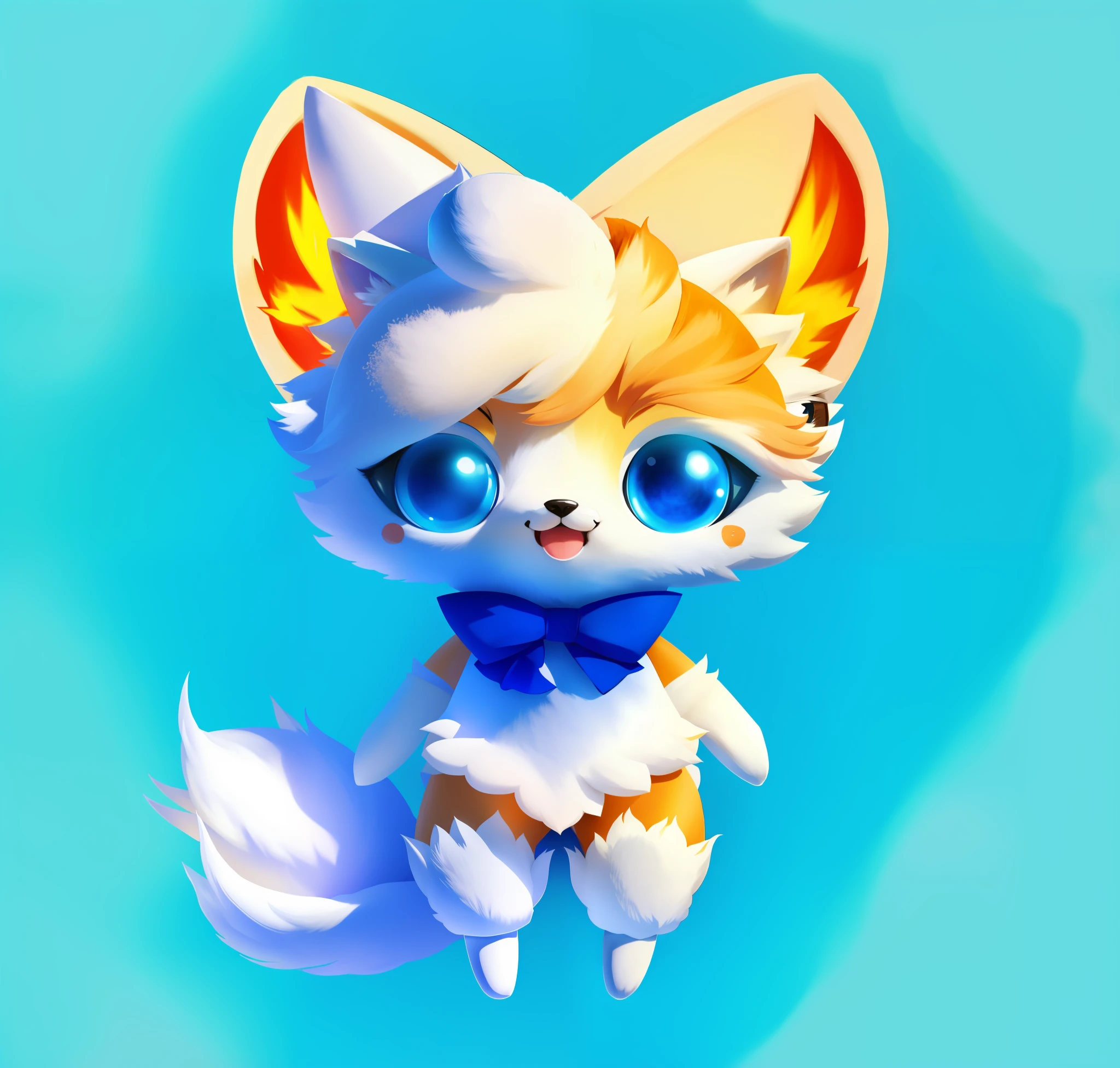 Anime drawing of white fur fox, cute character, furry character, blue eyes, white tail, white cat