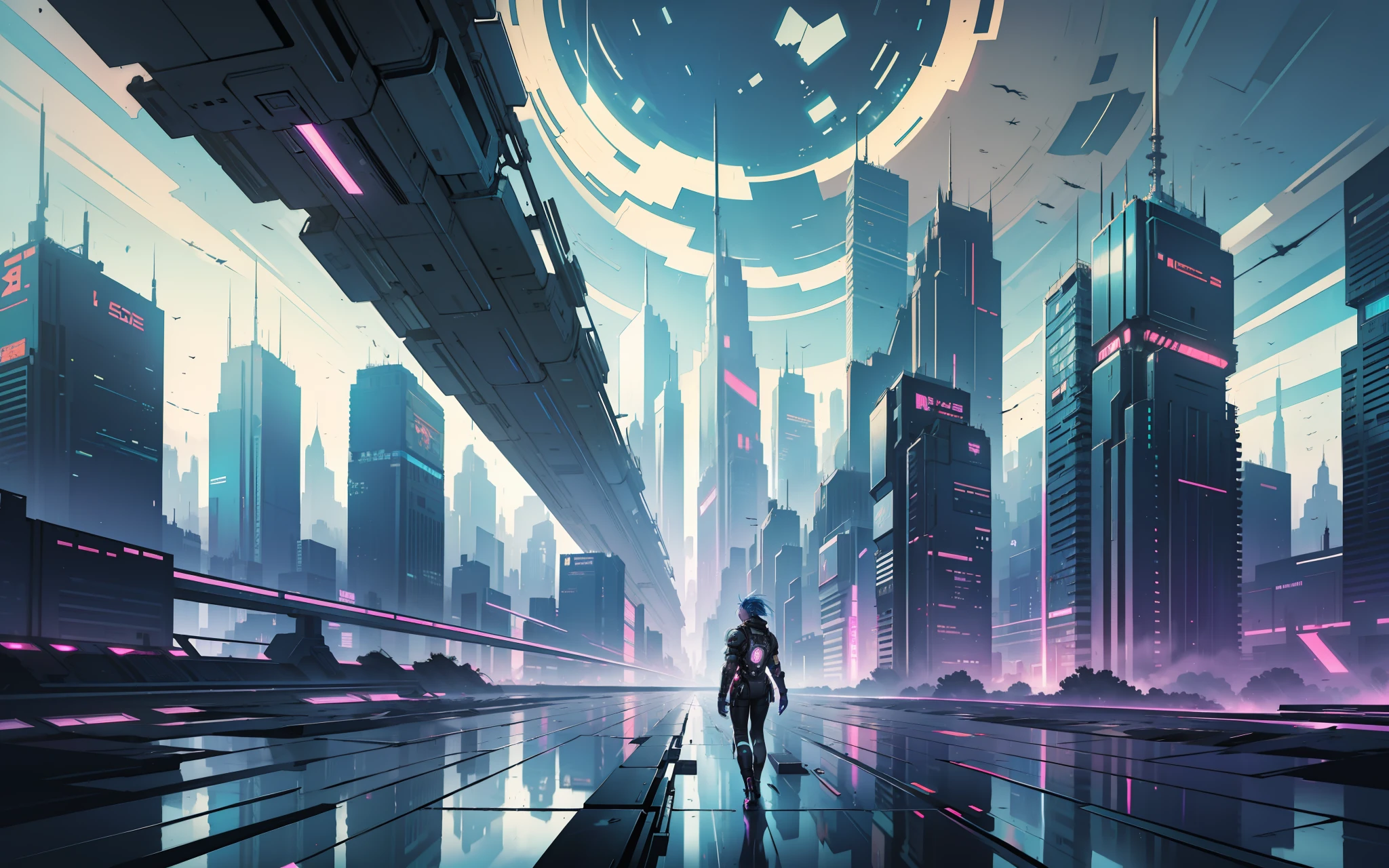 Cyberpunk, broken, there is a picture of the tech future city, cyberpunk, broken, with a lot of glass, there is a horizontal very wide glass transparent tech road background, gorgeous bright background, arena background, game background, exaggerated futuristic sci-fi background, cartoon style