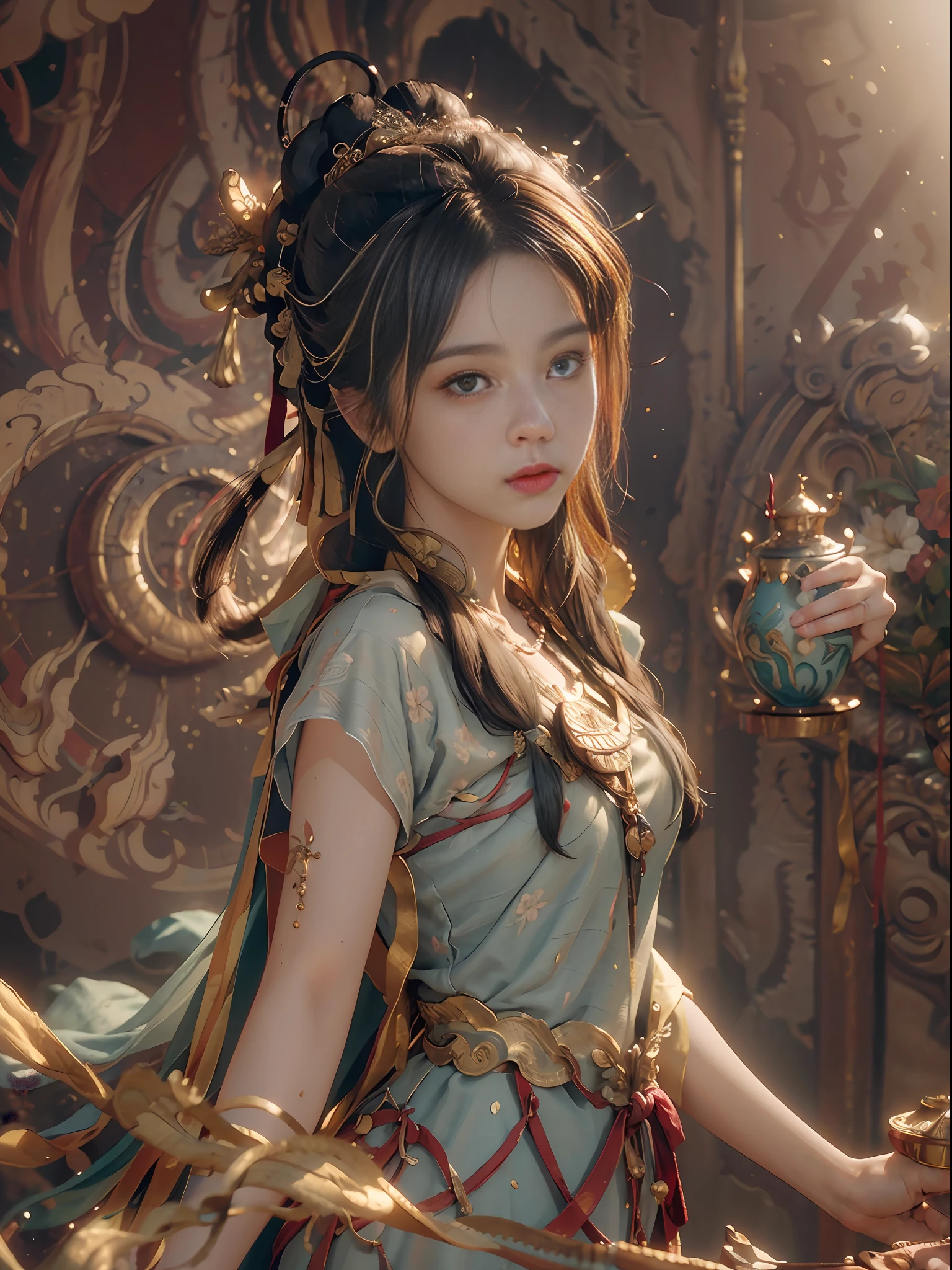 (RAW photo, best quality), (realistic, photo-realistic:1.3),best quality,highly detailed,masterpiece,ultra-detailed,illustration,1girl,upper_body,dynamic angle,world masterpiece theater,messy_long_hair,best quality,extremely detailed CG unity 8k wallpaper,ink,Amazing,cinematic lighting,lens_flare, dunhuang_style