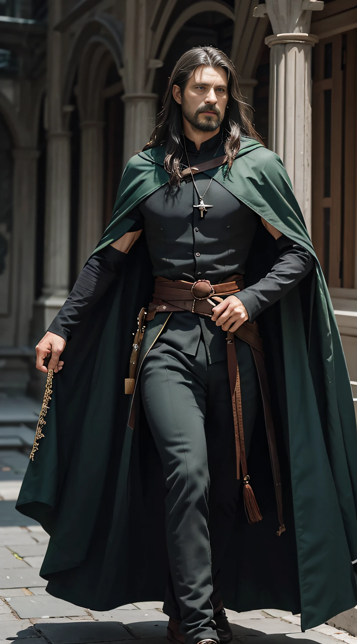 Aragorn, a tall and slender man, about 1.90 meters tall, dark and long hair, which falls to the shoulders, face is angular, beard clenched and piercing eyes of gray color.  expression is serious and determined, conveying an aura of nobility and courage, broad shoulders and an upright posture, strength and skill, dressed in robust costumes, dark green cape that extends to his ankles, dress and functional, nomadic style, leading figure, imposing and fearless, presence that commands respect and confidence.