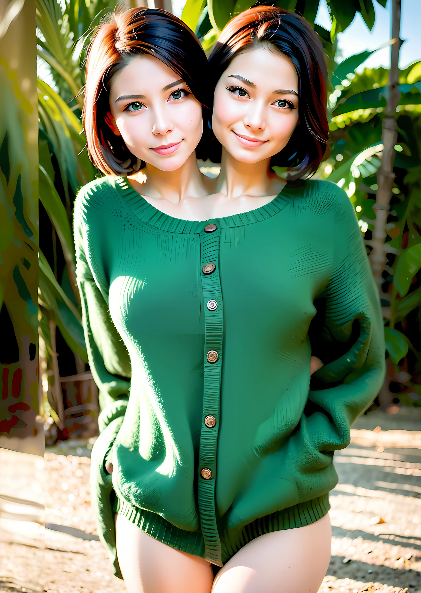 2heads, conjoined, no more than 2 heads, cheeks touching, best quality, realistic, solo, depth of field, natural lighting, daytime, alluring, beautiful face, clean, pure face, Irish, pale skin, cute, short hair, green eyes, beach, sunshine,flat chest, tiny breast,naked, full body, ((sweater, undressing, beautfully face)),