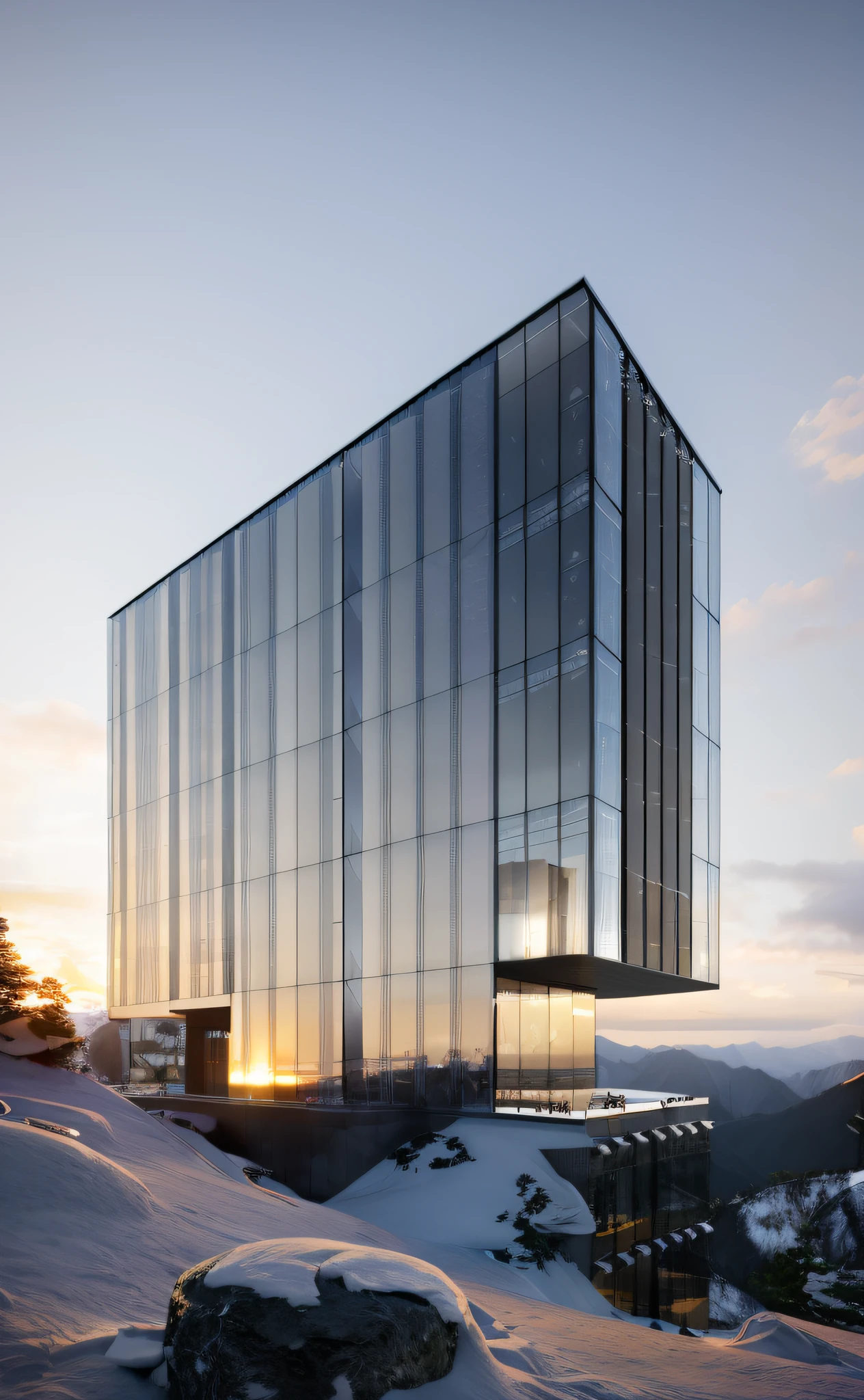 ((masterpiece, best quality)), 8k, modern architecture style, photo realistic, david chipperfield, hyper detailed photo, single box, a digital 3d render of a building, Glass building, leansflare, Snow mountain, Sunset or dawn