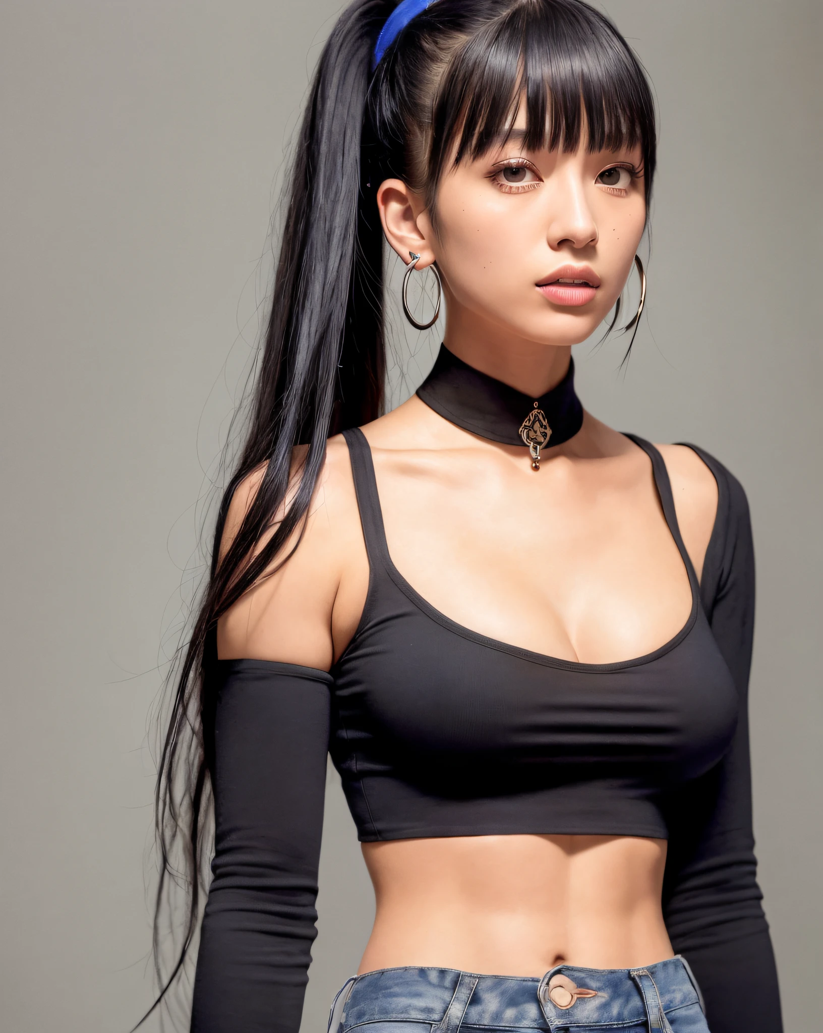 (masterpiece, best quality, 1girl, solo, intricate details, chromatic aberration), (realistic),(skin),1girl shizuku high ponytail, ((medium breath)),(black hair,blunt bangs),detailed hair, red head ornament, blue highlights, hair over one eye,red eyes, small earrings, sharp eyes, choker,((black crop top cleavage cutout )),jeans,(symmetry eyes),(perfect symmetrical body), night,(((natural light))),backlighting,against grey  wall, dim lighting ,standing,(look at viewer),((centered shot, from front,(face and waist))),