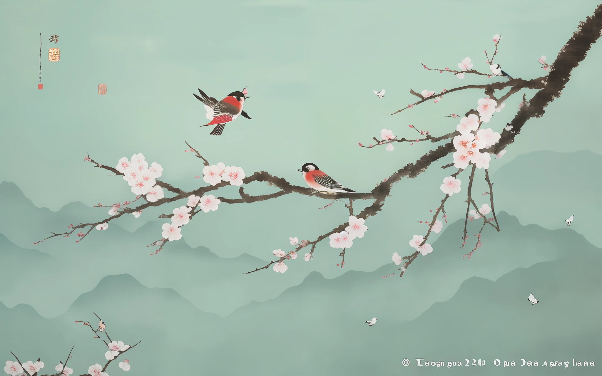 there are two birds sitting on a branch of a tree, chinese painting style, chinese style painting, japanese style painting, chinese watercolor style, traditional chinese painting, a beautiful artwork illustration, chinese painting, plum blossom, birds on cherry tree, japanese painting, traditional japanese painting, blossom, inspired by Ohara Koson, traditional chinese ink painting, ancient japanese painting