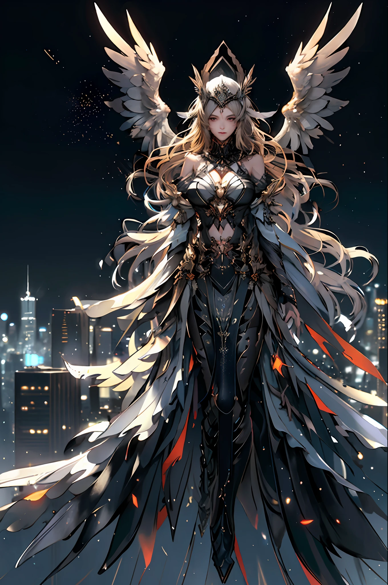Best illustrations, realistic details and details
break
1 girl, beautiful, seductive face, tanned skin, detailed skin, beautiful blonde, long hair, navel, detached sleeves, bare shoulders, middle opening, cleavage, middle breast, hair ornament, red eyes, thigh height, black dress, full body, watch the viewer (six-winged angel: 1.6),
break
On a rooftop overlooking futuristic cityscape, starry sky and dark environment
break
Shattering glass with fractal particle effect, volumetric fog on the horizon, levitation, emotional and powerful atmosphere, gears of machinery
break
Aerial perspective, detailed background, third law, sharp focus, depth of field