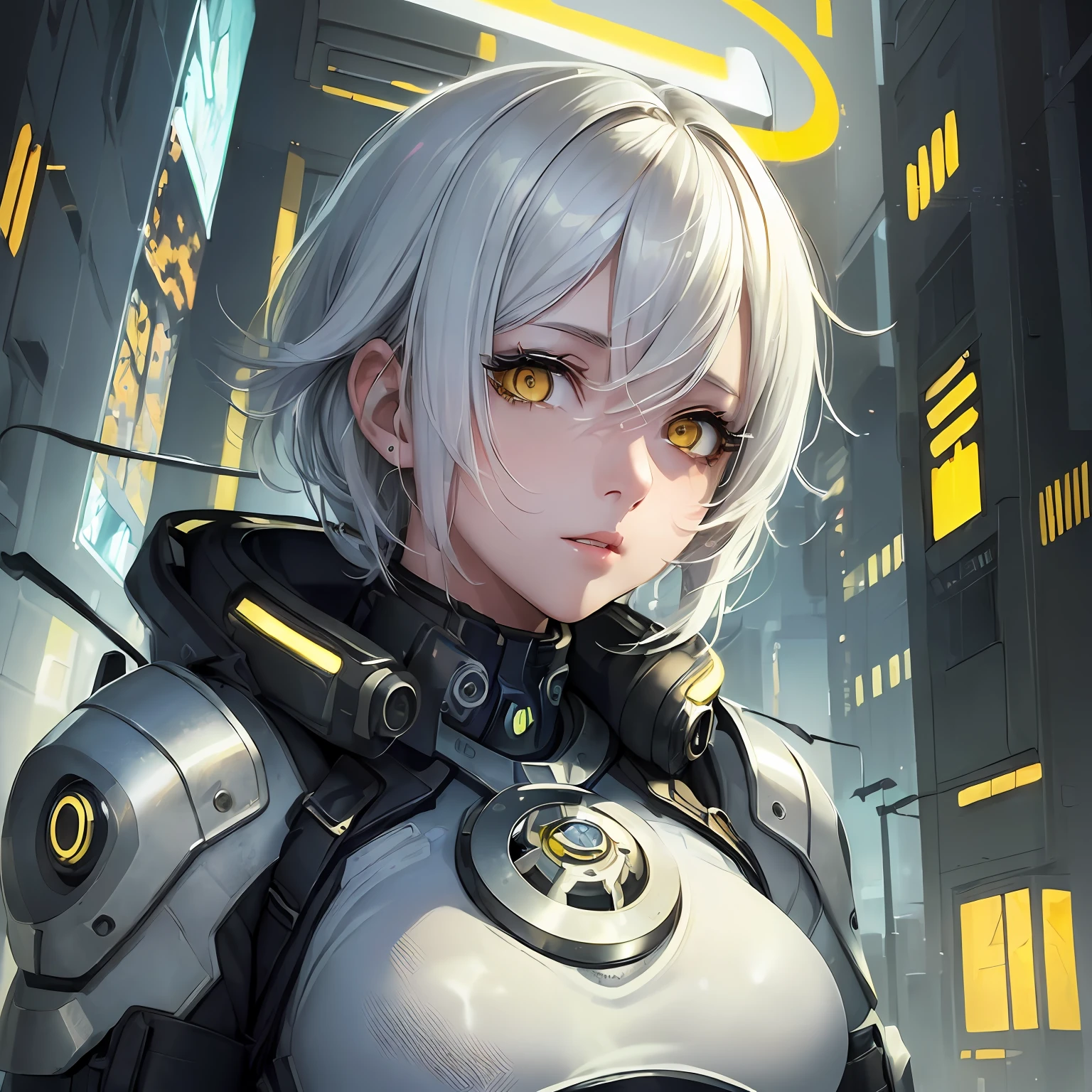 (masterpiece best quality best luminosity best illustration:1.4), (best illustrative quality:1.2), (extremely drawn and well done eyes:1.3), (1girl) short white haired, (yellow eyes:1.2), wearing technological cyberpunk clothes, soft Paramount studio cinematic lighting, (futuristic city background, technological:0.3)0.4]