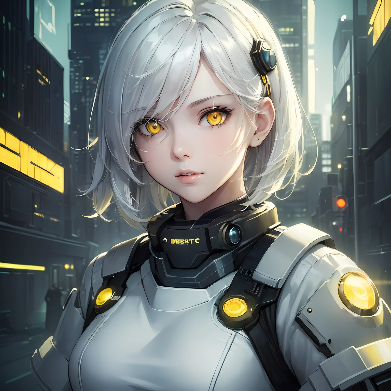 (masterpiece best quality best luminosity best illustration:1.4), (best illustrative quality:1.2), (extremely drawn and well done eyes:1.3), (1girl) short white haired, (yellow eyes:1.2), wearing technological cyberpunk clothes, soft Paramount studio cinematic lighting, (futuristic city background, technological:0.3)0.4]
