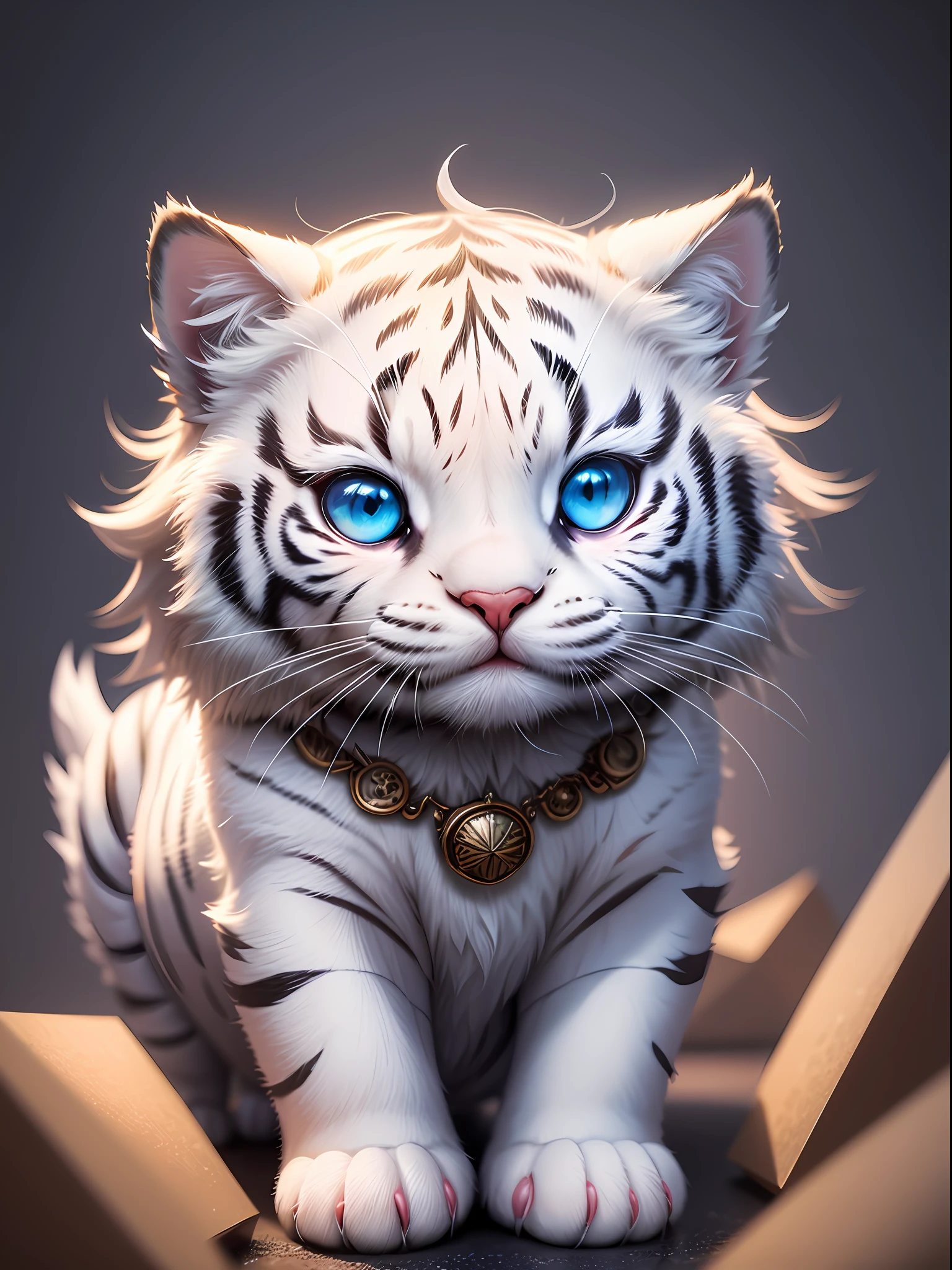cute tiny hyperrealistic white tiger with different color eyes waring a necklace, Chibi, adorable and fluffy, logo design, cartoon, cinematic lighting effect, charming, 3D vector art, cute and quirky, fantasy art, bokeh, hand-drawn, digital painting, soft lighting, isometric style, 4K resolution, photorealistic rendering, highly detailed clean, vector image, photorealistic masterpiece, professional photography, simple space backdrop, flat white background, isometric, vibrant vector