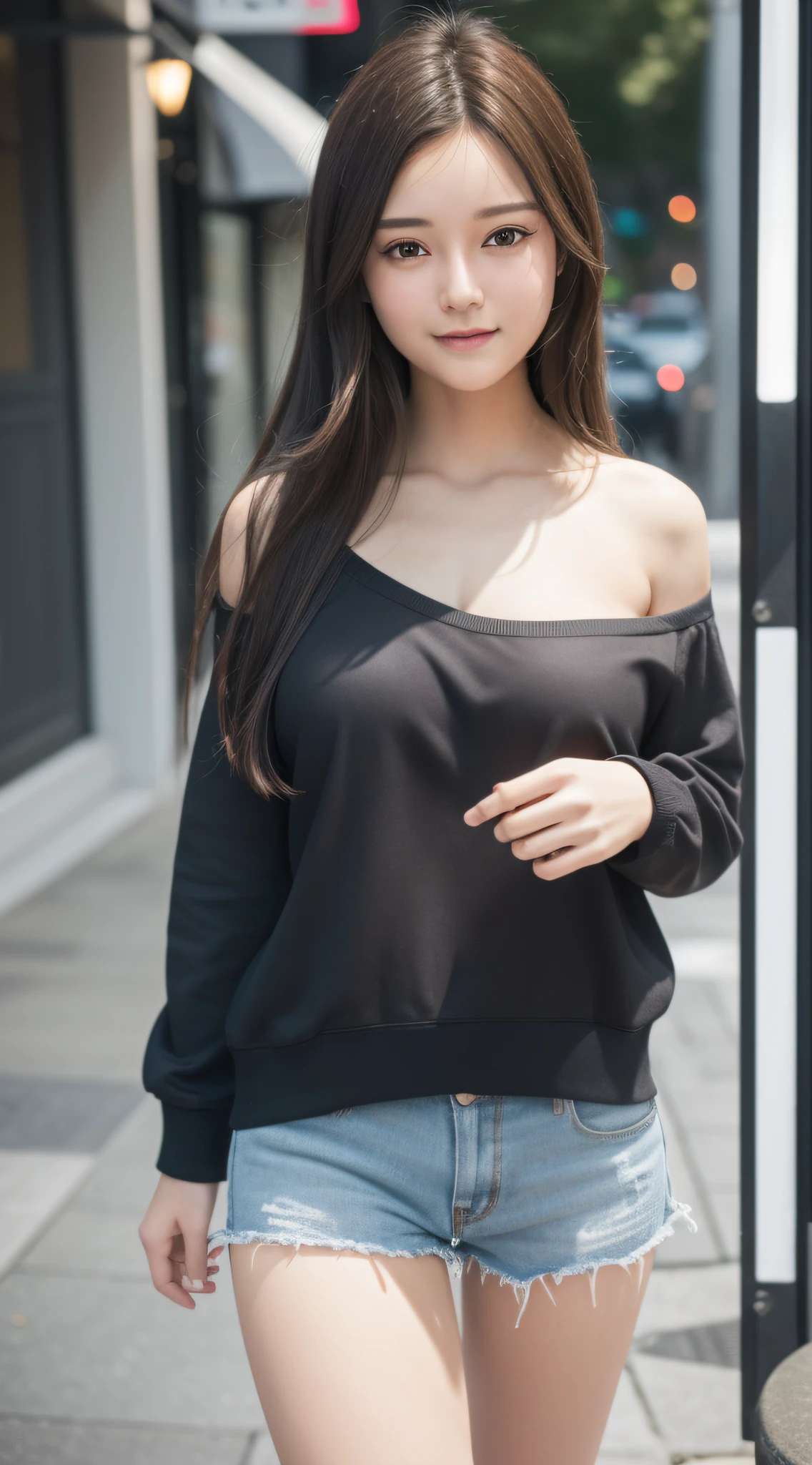 (8k, RAW photo, best quality, masterpiece: 1.2), (realistic, realistic: 1.37), ultra-high resolution, photon mapping, radiosity, physically based rendering, 1 Girl,, (brunet: 1.3), detailed face, detailed eyes, huge breasts, shiny skin, (pureerosface_v1:1.0), standing, Shorts,jacket,off shoulder,Long legs,looking at the audience, (laughing cute: 1.2), (happy), healing cute, (Cityscape: 1.2), (Night: 1.2), (Dark Theme: 1.5),
