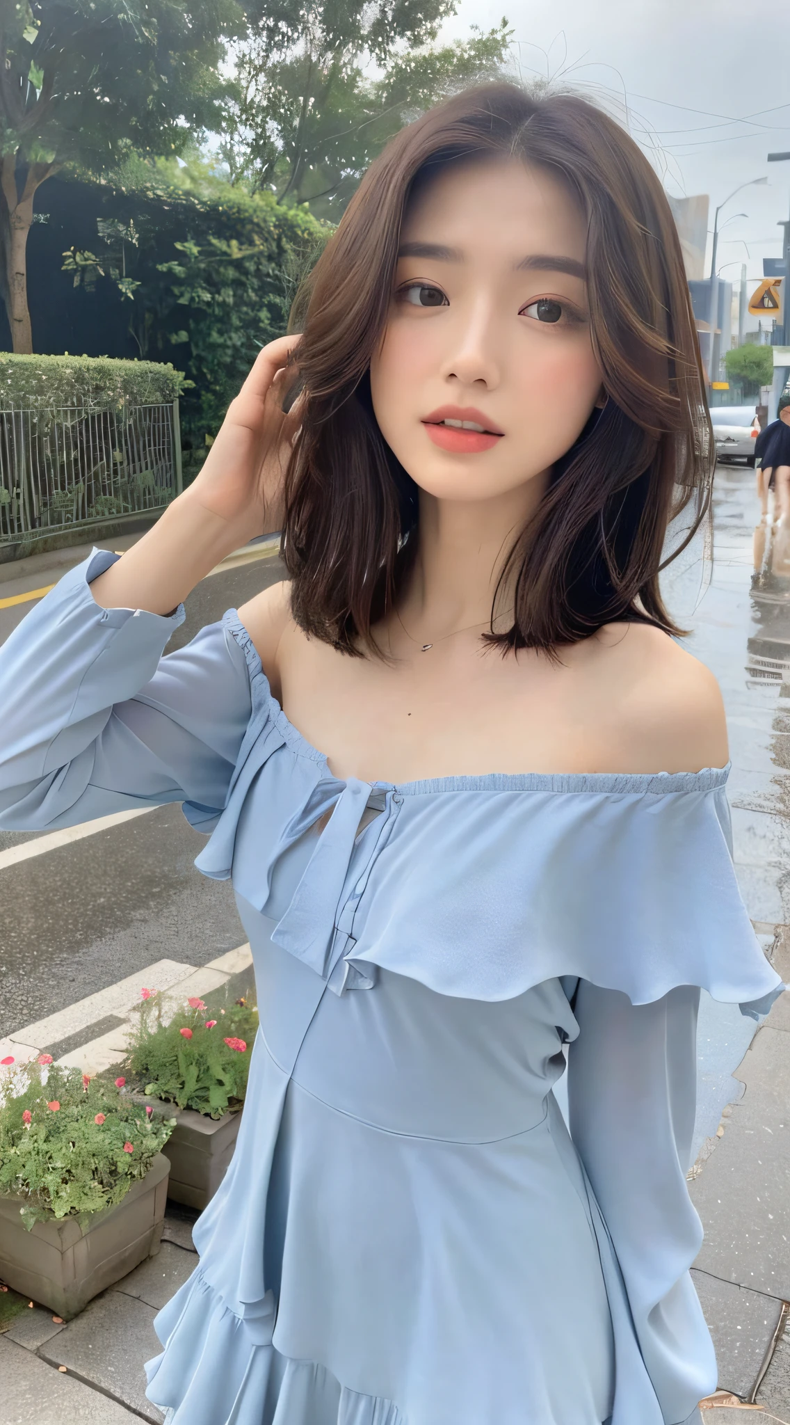 ((Best Quality, 8k, Masterpiece: 1.3)), Focus: 1.2, Perfect Body Beauty: 1.4, Buttocks: 1.2, ((Layered Haircut, Flat Chest: 1.2)), (Rain, Street:1.3), Bandeau Dress: 1.1, Highly Detailed Face and Skin Texture, Fine Eyes, Double Eyelids, Whitened Skin, Long Hair, (Shut Up: 1.3), Full Body