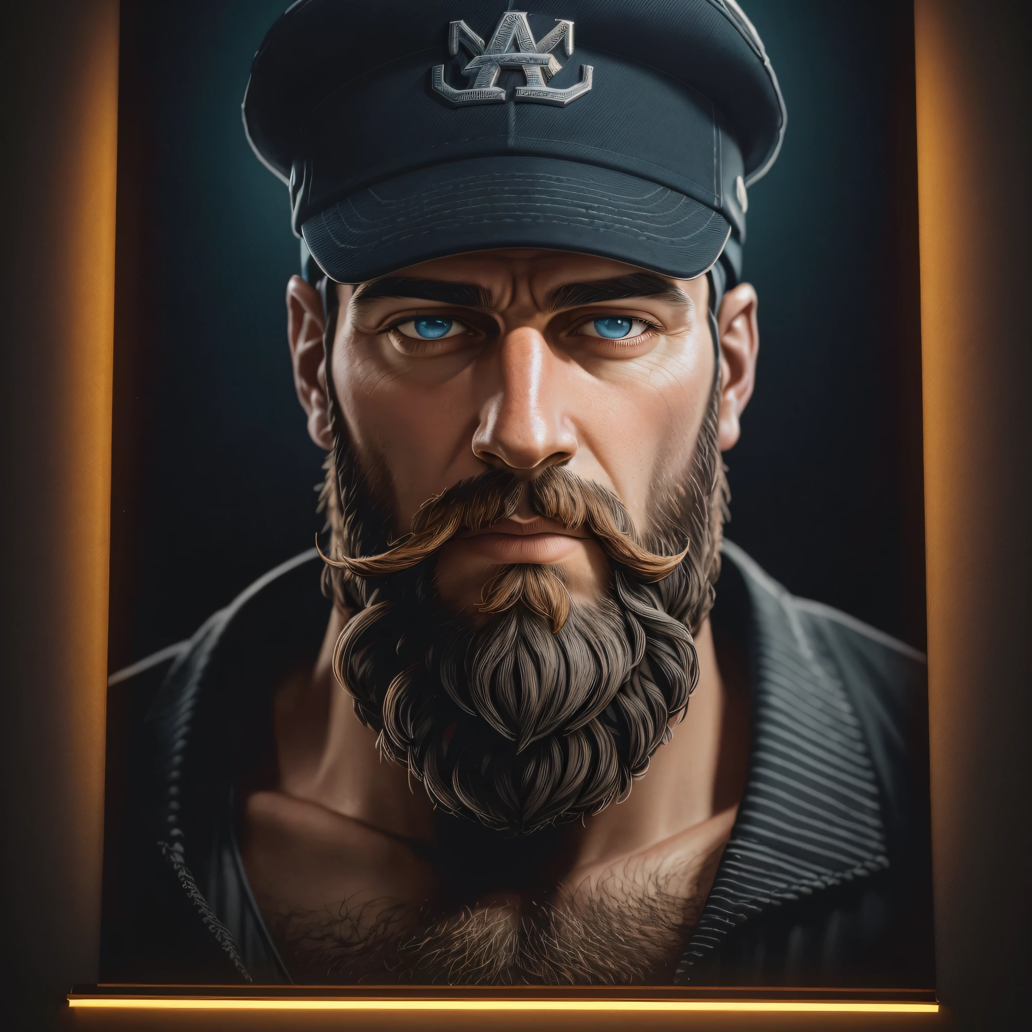 Bearded man wearing cap, hyper-realism, photorealistic, intricate and insanely detailed. dark background, illuminated by neon light --auto --s2