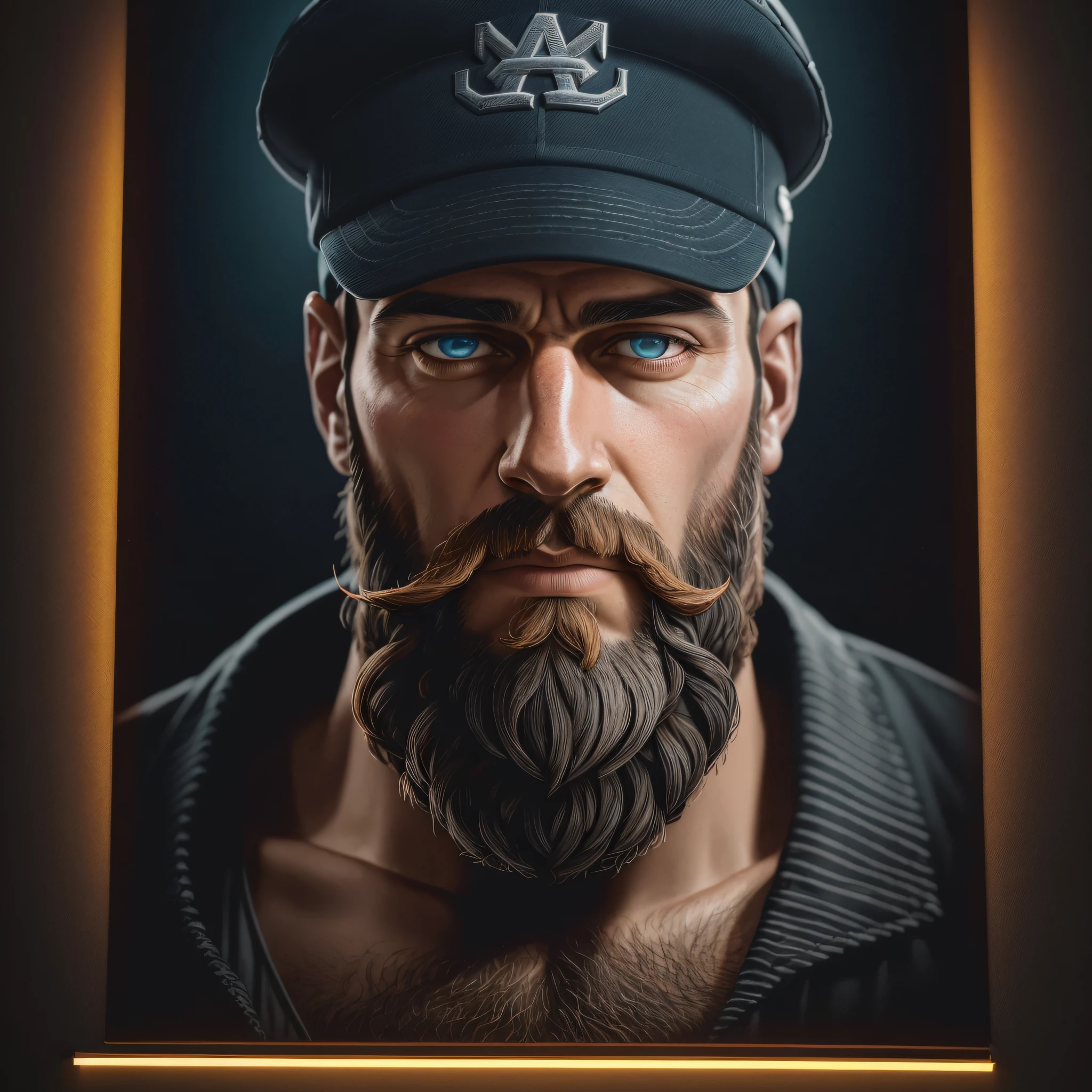 Bearded man wearing cap, hyper-realism, photorealistic, intricate and insanely detailed. dark background, illuminated by neon light --auto --s2