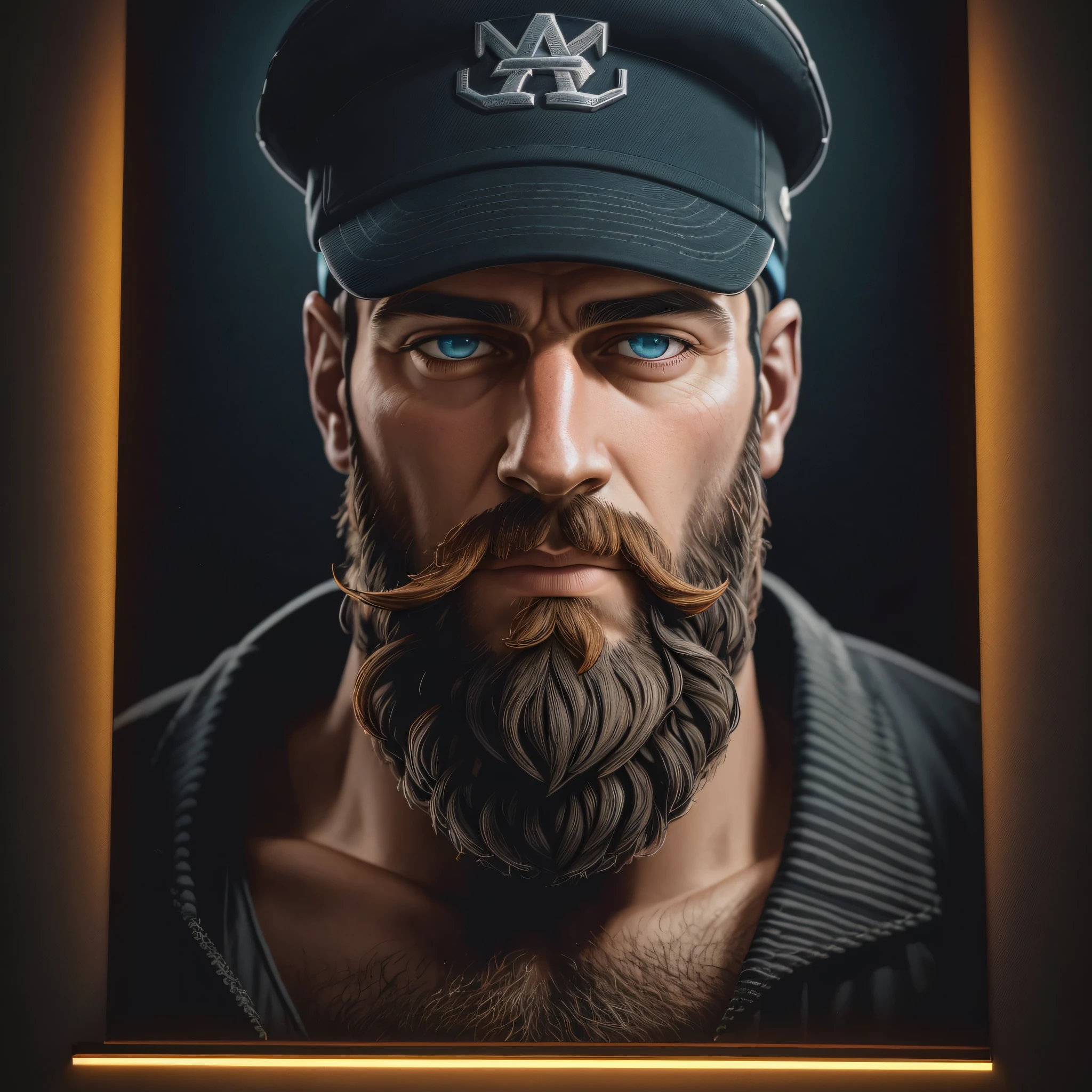 Bearded man wearing cap, hyper-realism, photorealistic, intricate and insanely detailed. dark background, illuminated by neon light --auto --s2