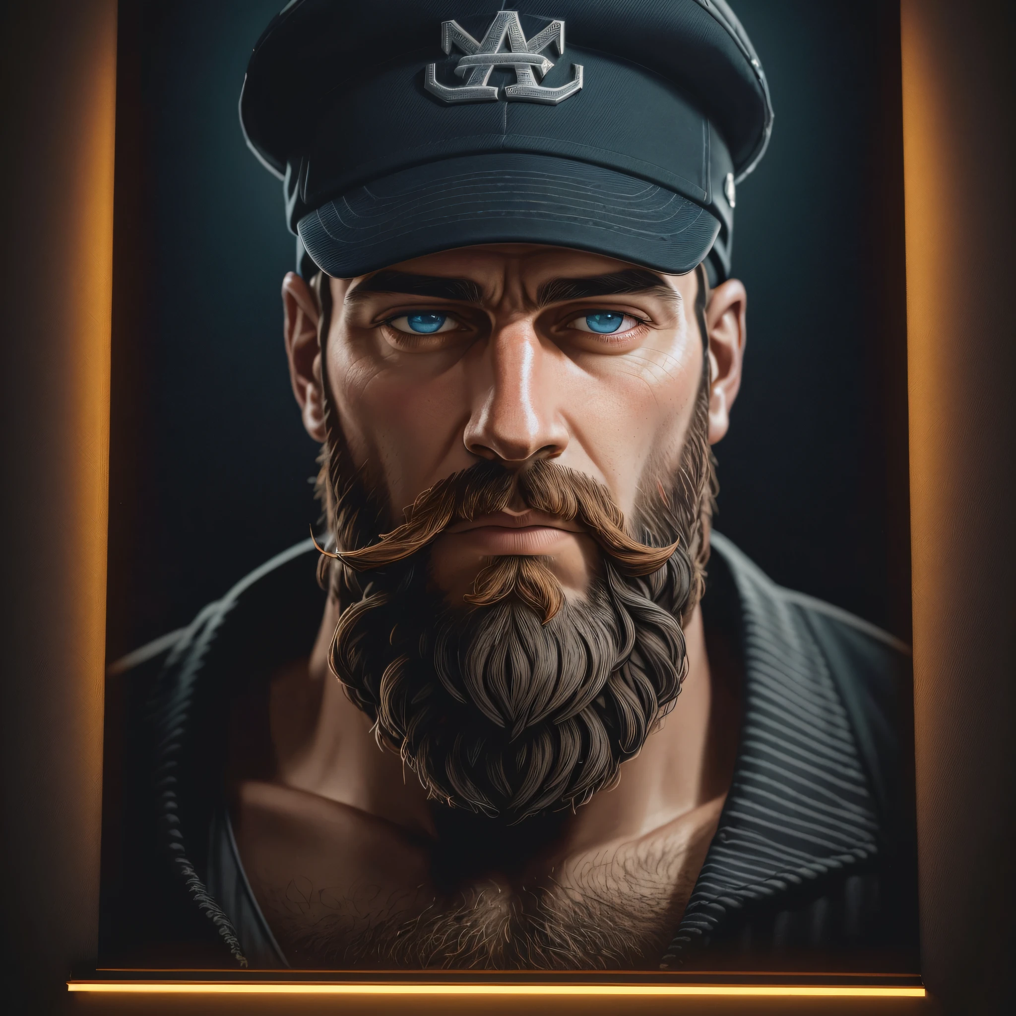 Bearded man wearing cap, hyper-realism, photorealistic, intricate and insanely detailed. dark background, illuminated by neon light --auto --s2