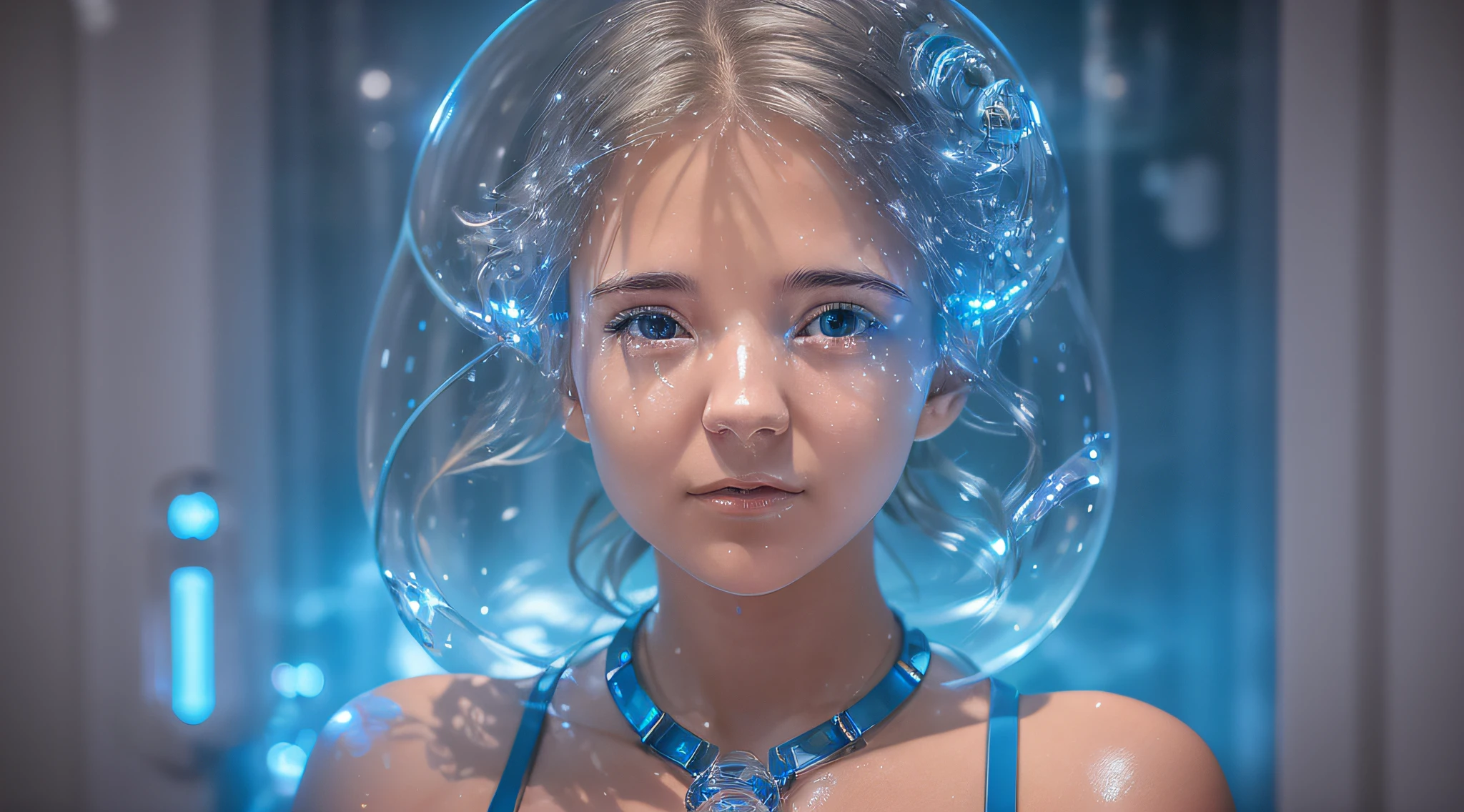 1girl, (extremely detailed portrait, science fiction theme, masterpiece), best quality, Monroe female character, glass cryo conservation chamber, bright blue light, dynamic pose, dynamic angle, futuristic laboratory equipment, volumetric light, blue splashes.