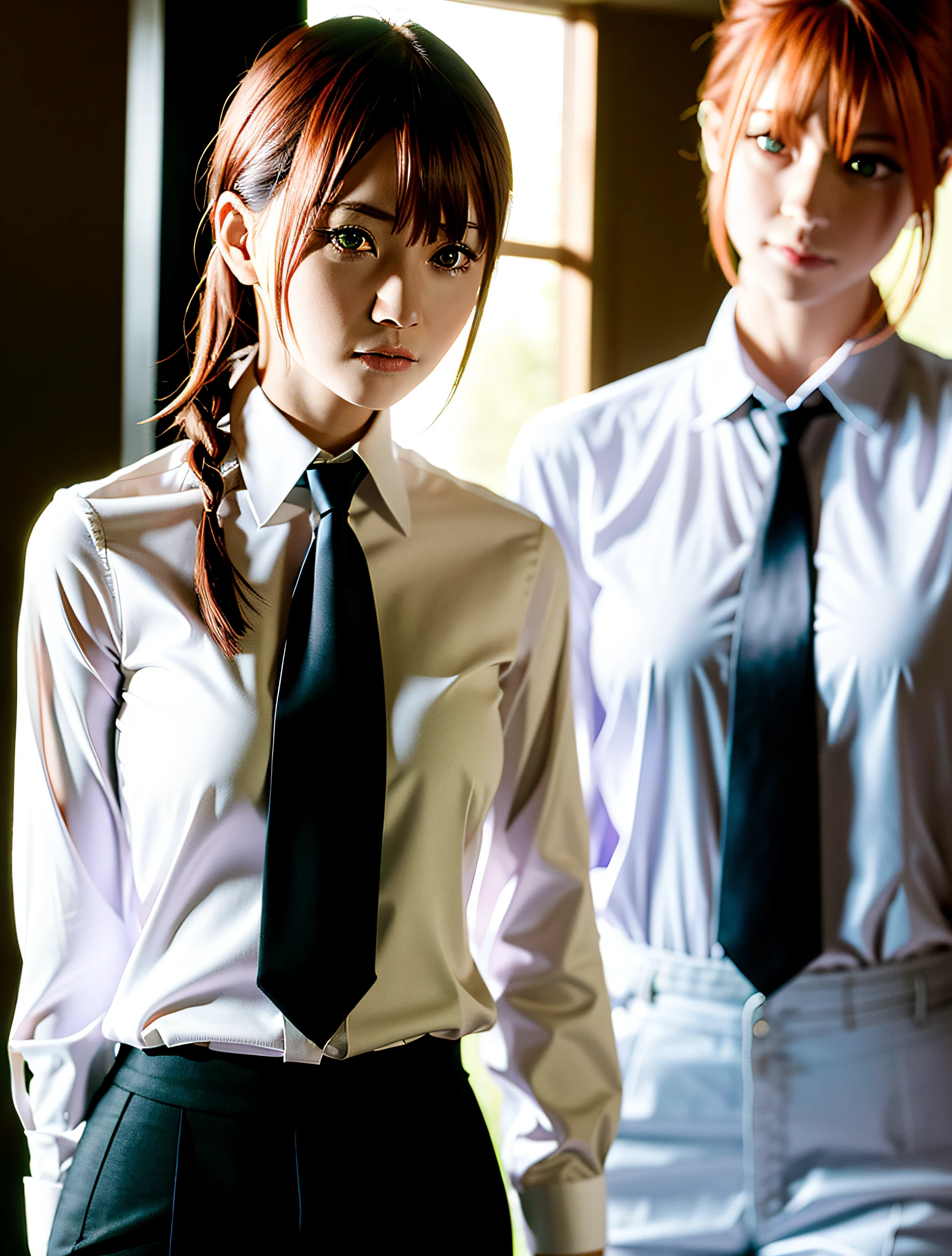 detailed shiny skin, (realistic, photo-realistic:1.4), a pretty girl, standing, looking out of window, white shirt, collared shirt, black necktie, black trousers, long sleeves, slight smile (nose blush), yellow eyes + ringed eyes, short hair + red hair + long braided hair, makima \(chainsaw man\)