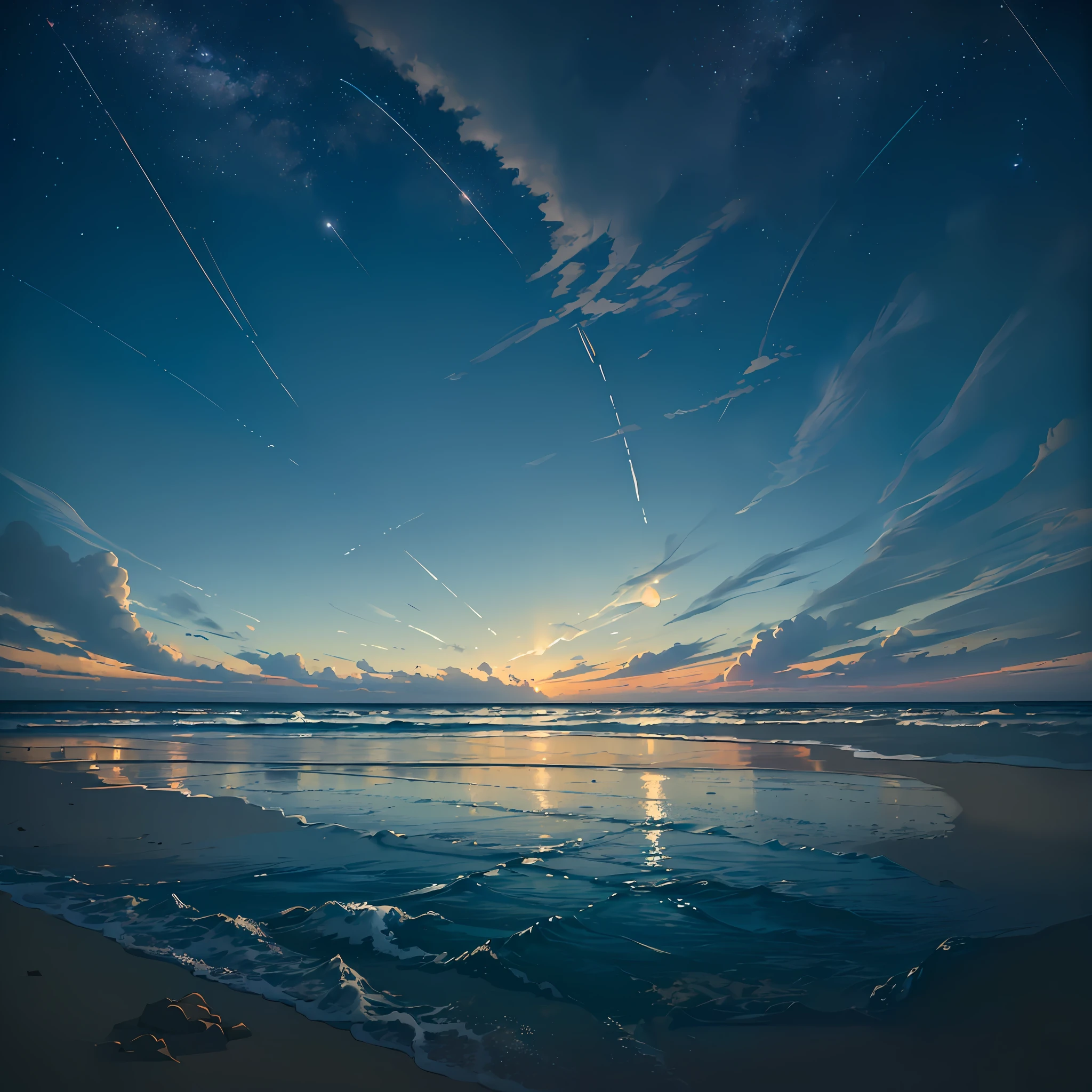 (masterpiece, best quality:1.4), cinematic light, colorful, high contrast, neon, sky, sunlight, space, stars at night, beach, wave, no people, expansive landscape photography, (a view from below that shows the sky above and the sea below --auto --s2