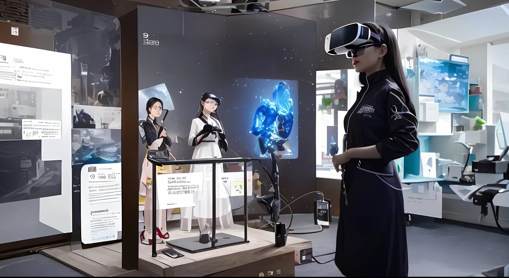 there is a woman standing in front of a display of products, 3 d ar vr art, augmented reality, ar glasses, futuristic ar glasses, augmented vision, brilliant daylight vr os ux, holographic interface, immersive, inspired by Ai Xuan, inspired by Cheng Jiasui, photograph of 3d ios room, vr, wearing vr, the image is futuristic