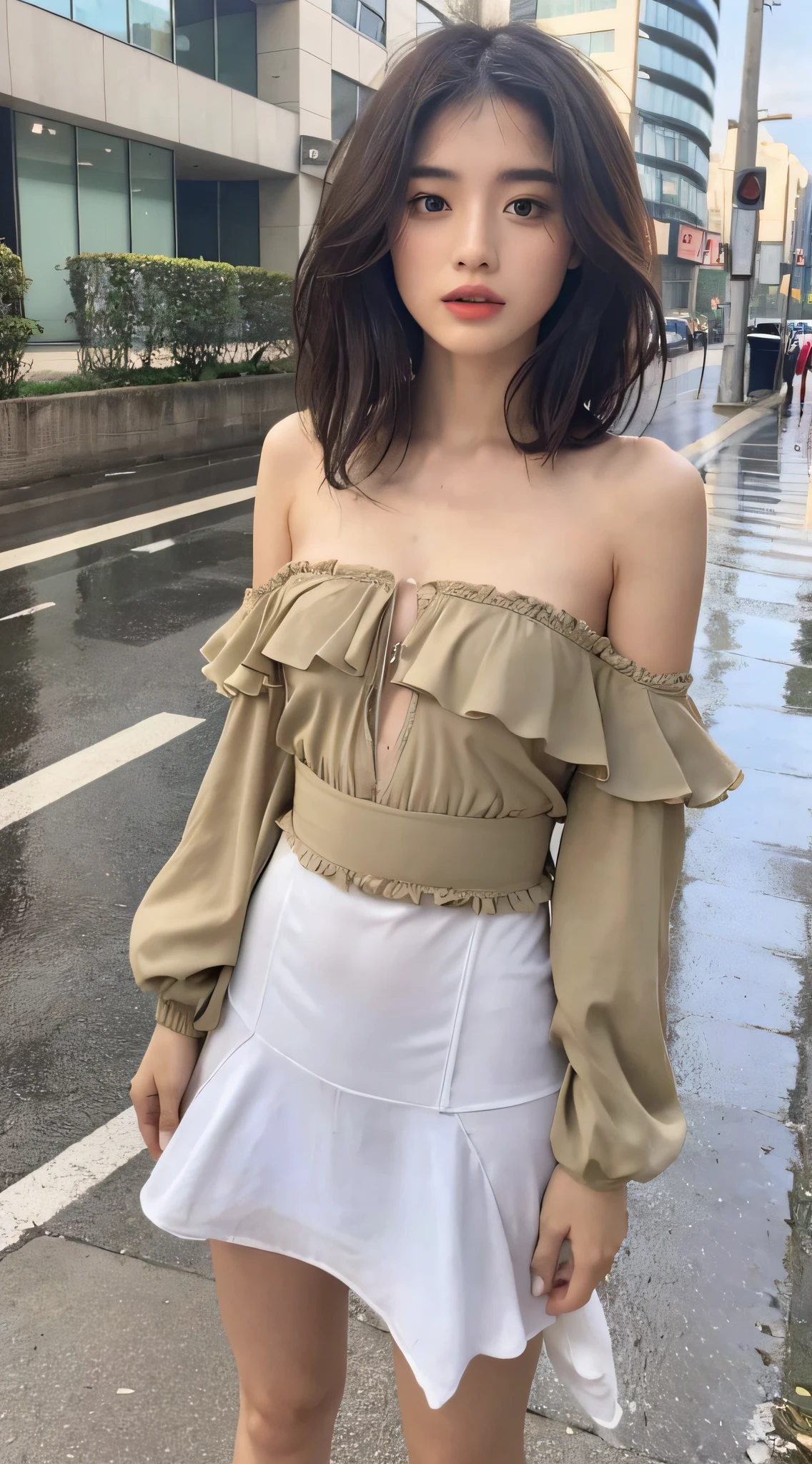 ((Best Quality, 8k, Masterpiece: 1.3)), Focus: 1.2, Perfect Body Beauty: 1.4, Buttocks: 1.2, ((Layered Haircut, Flat Chest: 1.2)), (Rain, Street:1.3), Bandeau Dress: 1.1, Highly Detailed Face and Skin Texture, Fine Eyes, Double Eyelids, Whitened Skin, Long Hair, (Shut Up: 1.3), Full Body