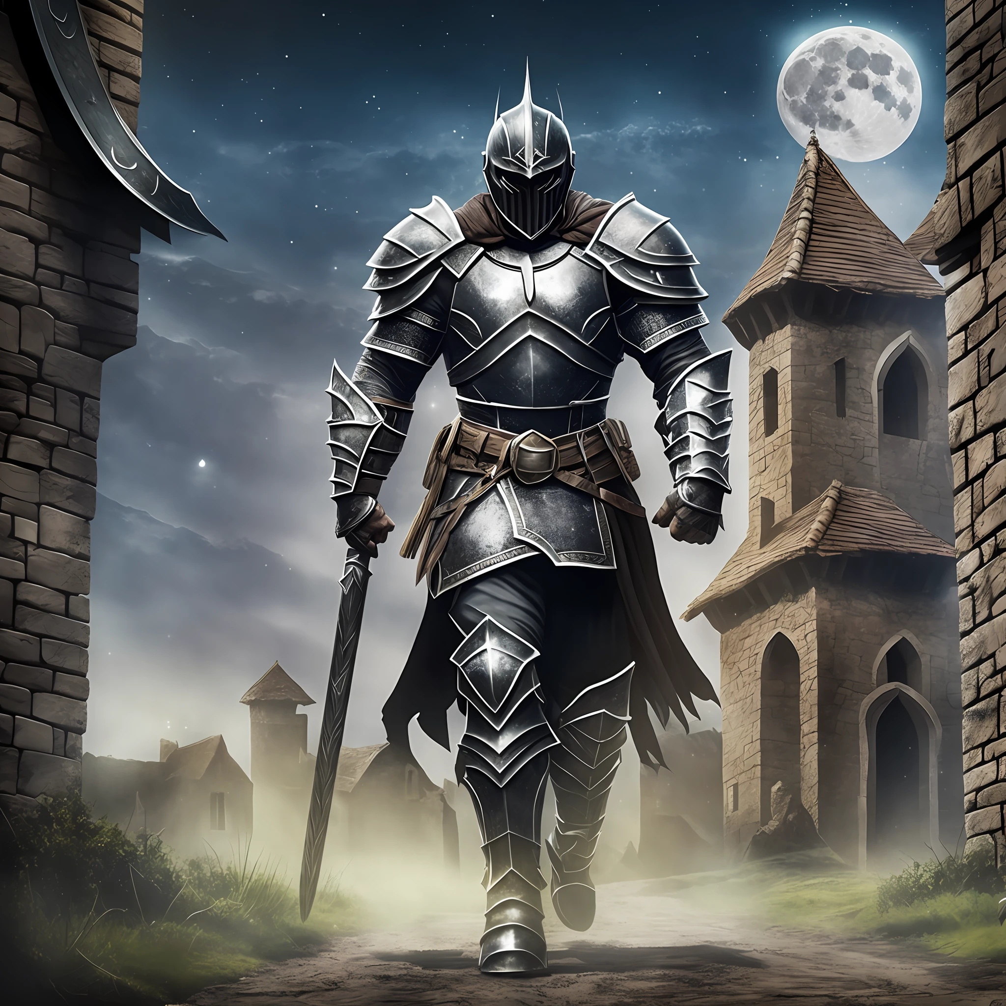Castle medieval Village, Muscular Man, Using a Black Knight huge armor With Spartan helmet, Walking, night sky, full moon, realistic, Full HD, best quality