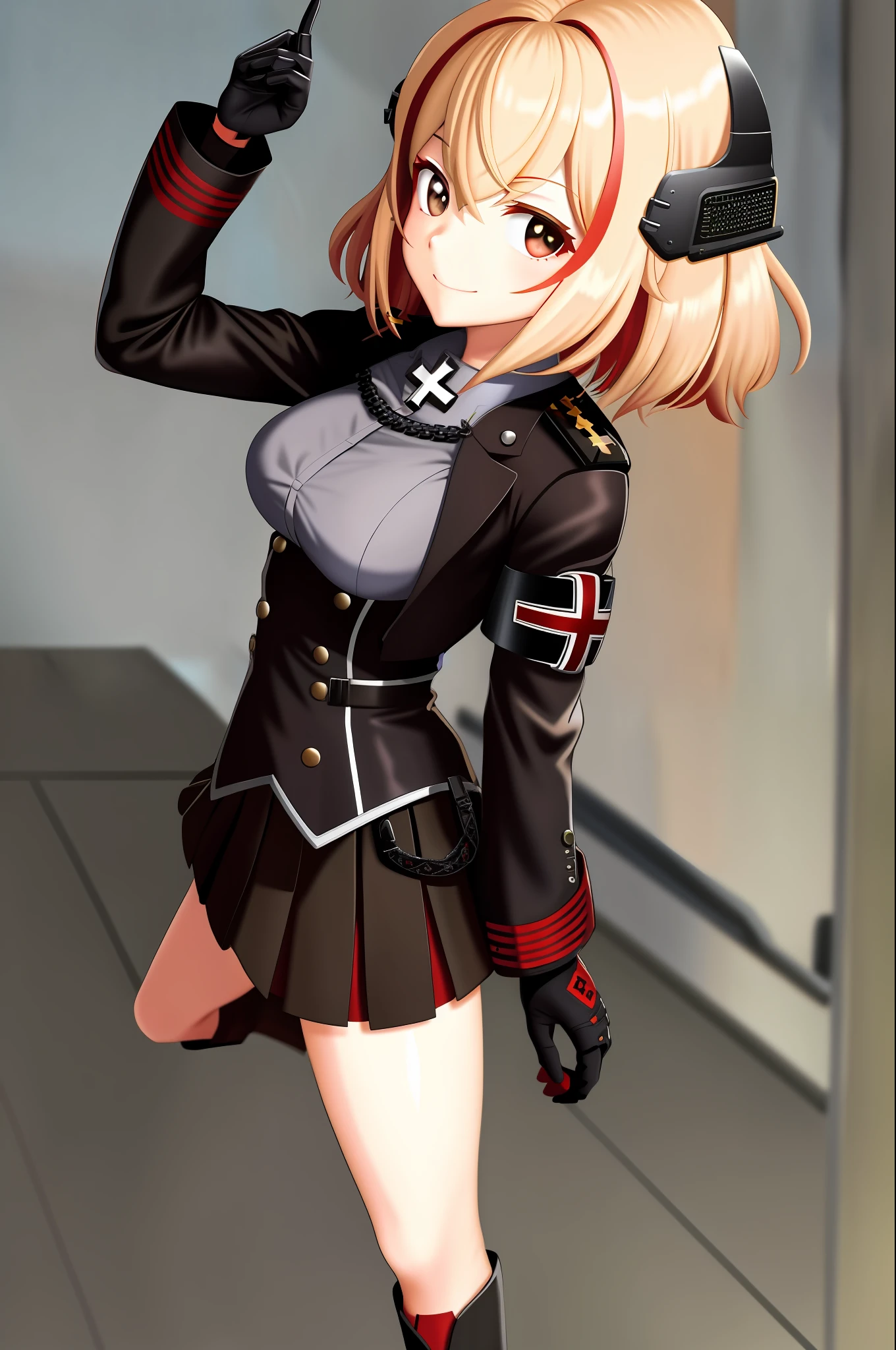 masterpiece, best quality, RoonV4, 1girl, solo, looking at viewer, smile, skirt, shirt, gloves, long sleeves, closed mouth, standing, jacket, upperbody, sidelocks, pleated skirt, boots, black gloves, collared shirt, miniskirt, black skirt, black footwear, black jacket, buttons, headgear, knee boots, cross, armband, grey shirt, cropped jacket, iron cross,