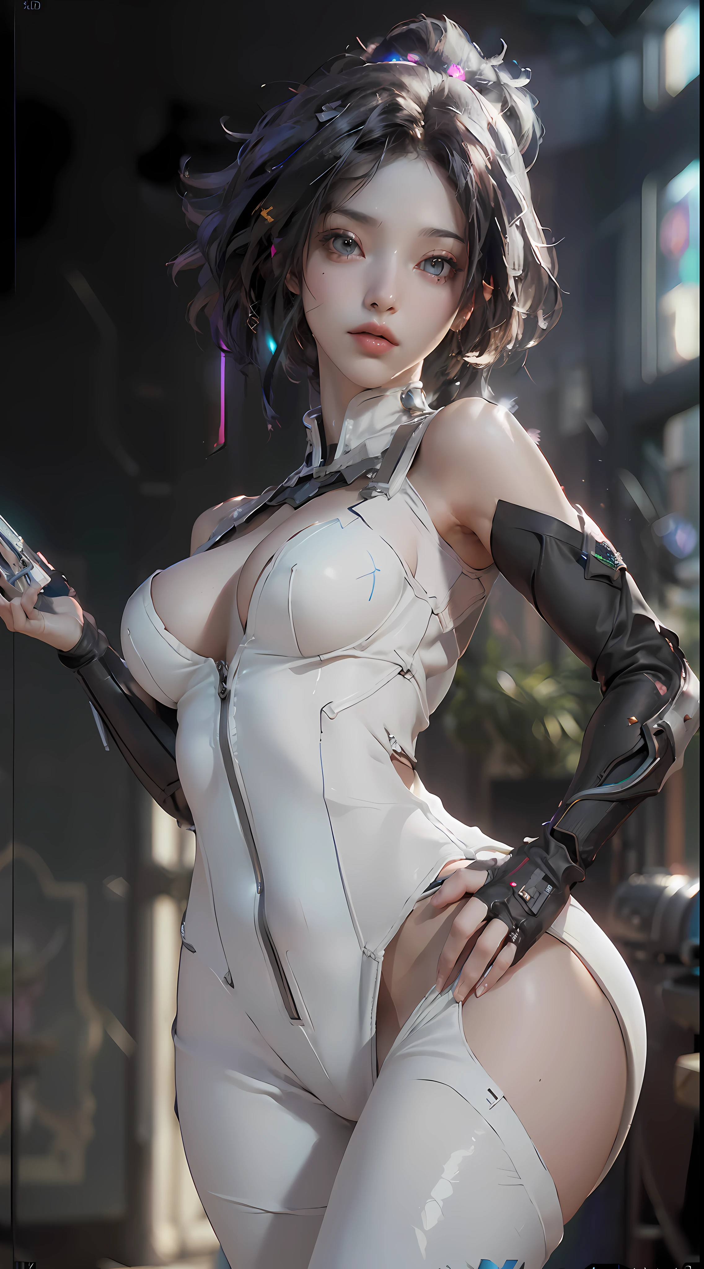 (Best Quality), ((Masterpiece), (Detail: 1.4), 3D, A Beautiful Cyberpunk Woman, HDR (High Dynamic Range), Ray Tracing, NVIDIA RTX, Super-Resolution, Unreal 5, Subsurface Scattering, PBR Textures, Post-Processing, Anisotropic Filtering, Depth of Field, Maximum Sharpness and Clarity, Multi-layer Textures, Albedo and Highlight Maps, Surface Shading, Accurate simulation of light-material interactions, perfect proportions, Octane Render, two-color light, large aperture, low ISO, white balance, rule of thirds, 8K RAW, big breasts, big breasts, big breasts, double breasts, breast augmentation, pants coming off, clothes slipping off, nudity,