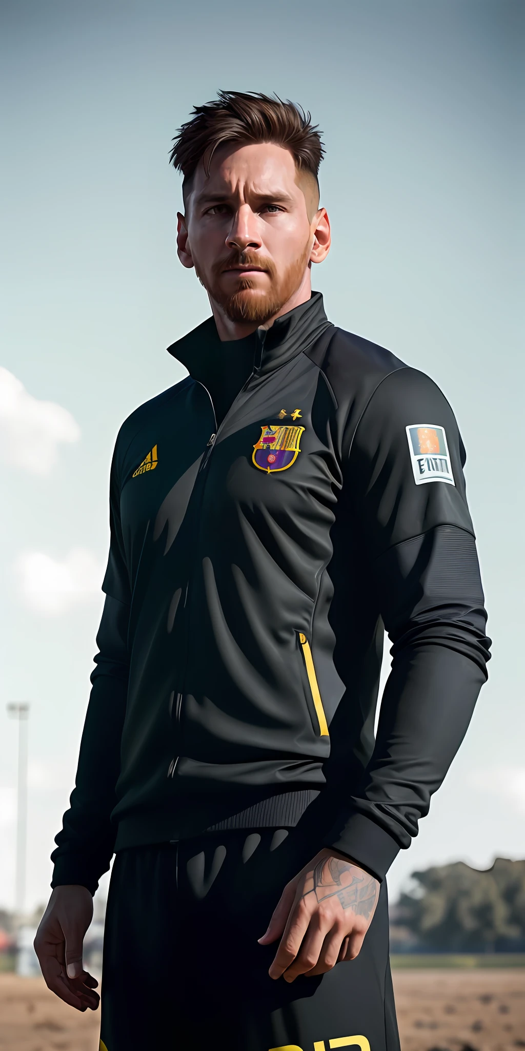 Messi player, in field suit, off the track field, (((thin, small)), photorealistic, photo, masterpiece, realistic, realism, photorealism, high contrast, photorealistic digital art trend on Artstation 8k HD high definition detailed realistic, detailed, skin texture, hyper detailed, realistic skin texture, armor, best quality, ultra high resolution, (photorealistic: 1.4), high resolution, detailed, raw photo, Sharp Re, by lee jeffries Nikon D850 film stock photography 4 kodak camera portra 400 lens f1.6 rich colors hyper realistic texture dramatic lighting unrealengine trending on artstation cinestill 800,