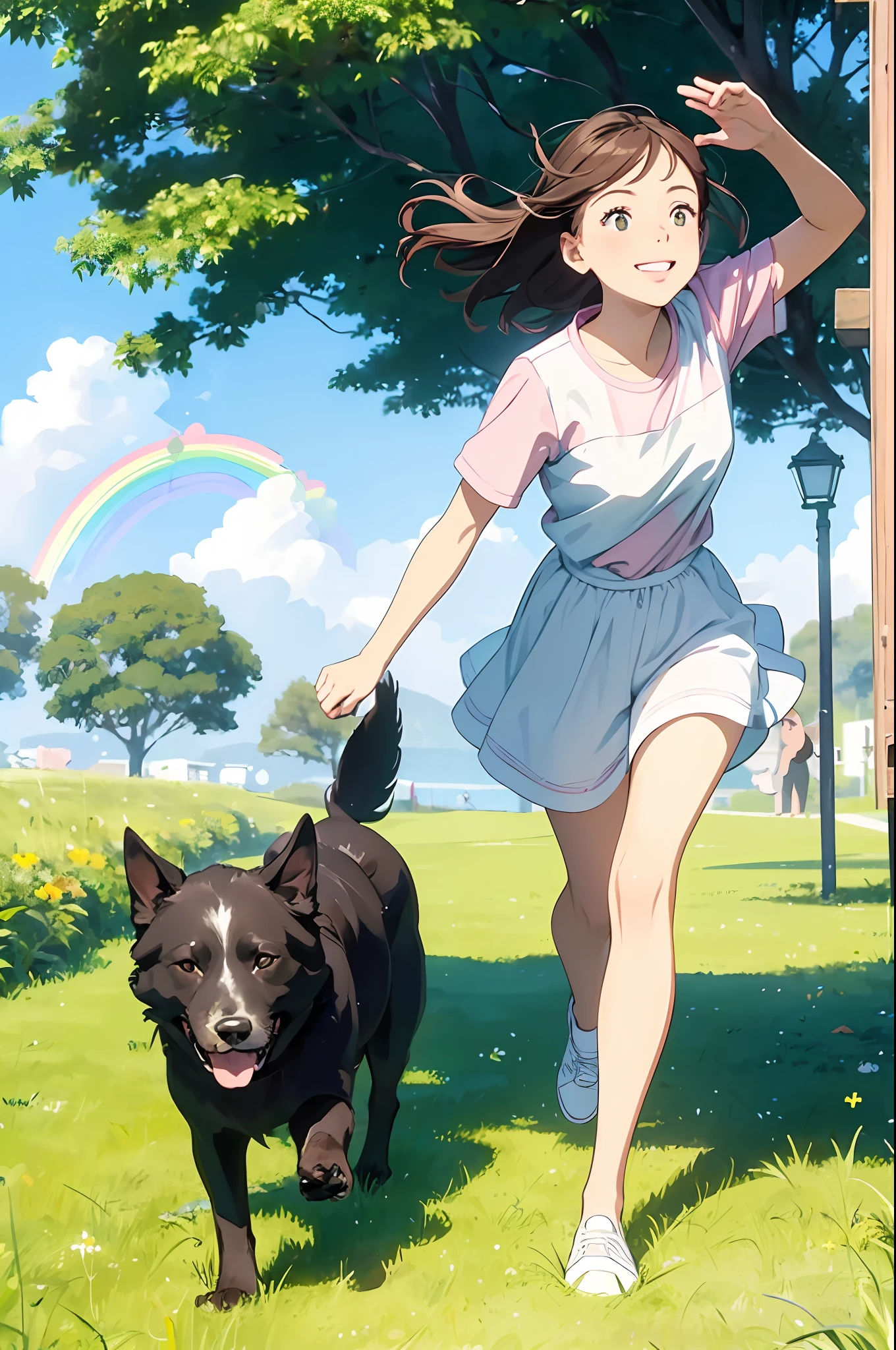 ((masterpiece, top quality, super detail)), pretty girl, ((frolicking with the dog)), dog protagonist composition, walk, smile, happiness, sunshine, grass, pink lips, wearing a bright white shirt, in the style of soft color palette Aurora Punk, her animated illustration Face, animation GIF, hand drawn animation, attractive sketch, smooth and shiny, hazy romanticism, Super flat style, white background - AR 1:1 - Rainbow 5 - Style expressive