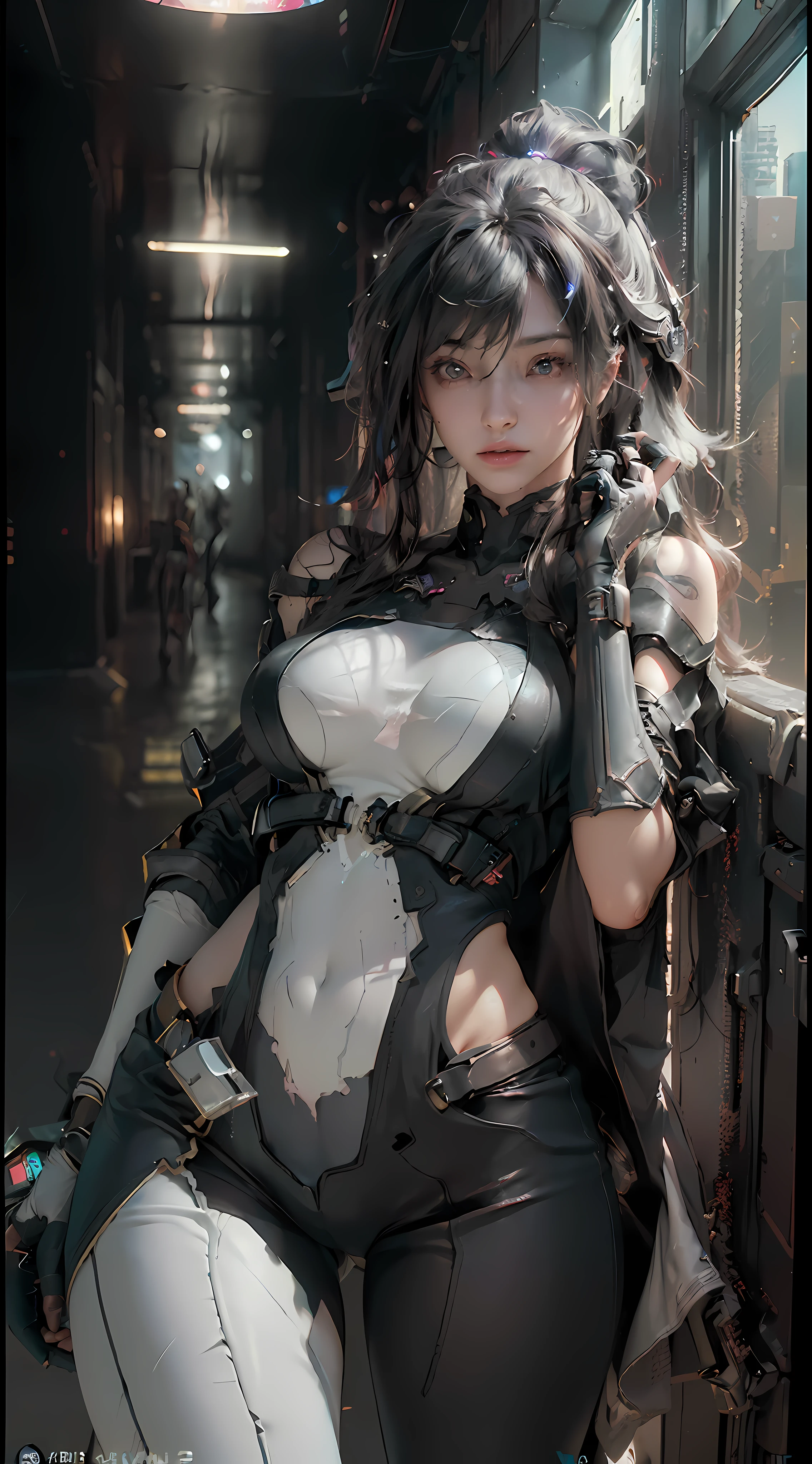 (Best Quality), ((Masterpiece), (Detail: 1.4), 3D, A Beautiful Cyberpunk Woman, HDR (High Dynamic Range), Ray Tracing, NVIDIA RTX, Super-Resolution, Unreal 5, Subsurface Scattering, PBR Textures, Post-Processing, Anisotropic Filtering, Depth of Field, Maximum Sharpness and Clarity, Multi-layer Textures, Albedo and Highlight Maps, Surface Shading, Accurate simulation of light-material interactions, perfect proportions, Octane Render, two-color light, large aperture, low ISO, white balance, rule of thirds, 8K RAW, big breasts, big breasts, big breasts, double breasts, breast augmentation, pants coming off, clothes slipping off, nudity,