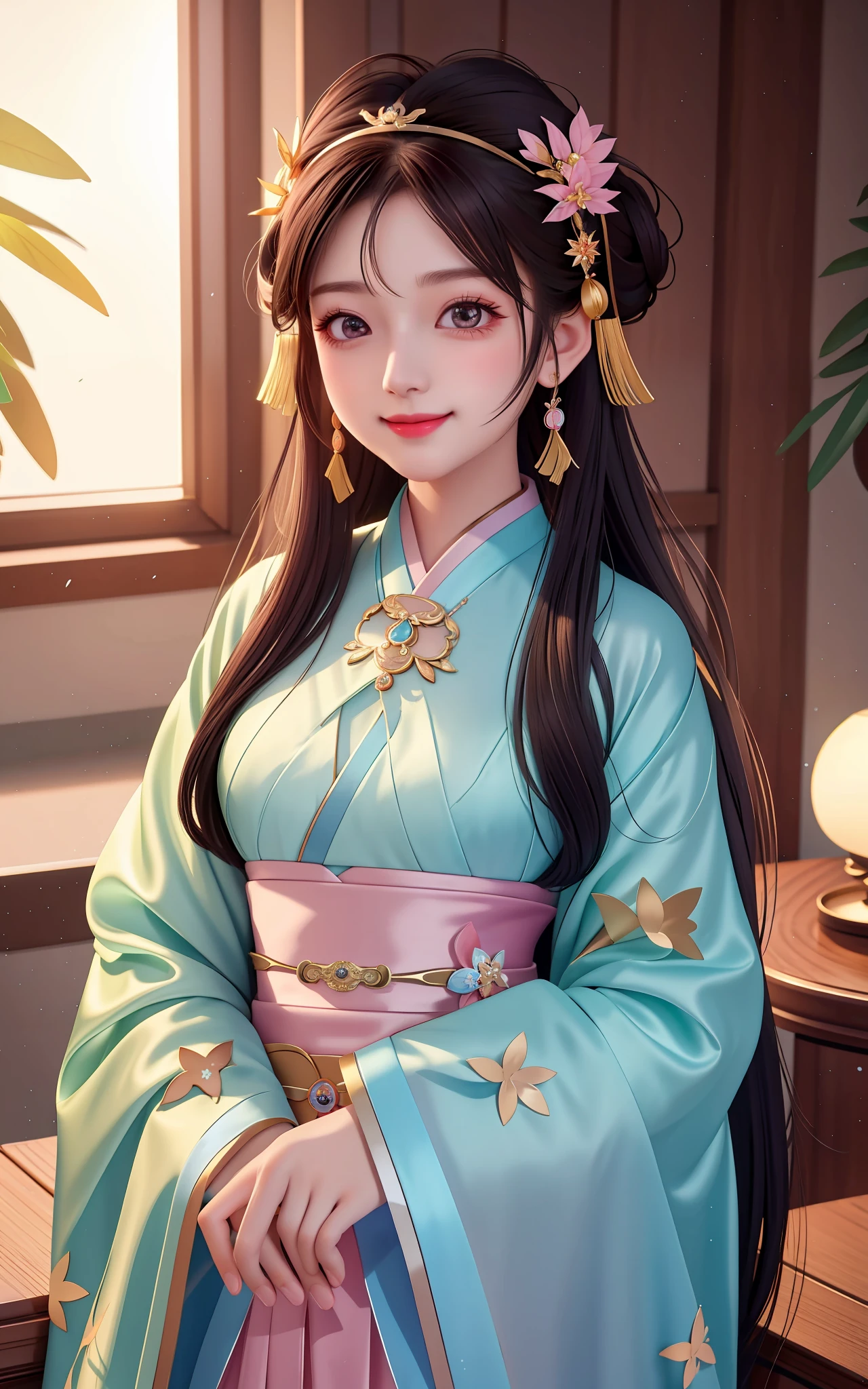 Superb Quality, Masterpiece, High Resolution, 1Girl, Blush, (Seductive Smile: 0.8), Star Eyes, Chinese Hanfu, Hair Accessories, Necklace, Jewelry, Beauty, on_body, Tyndall Effect, Realism, Shadow Room, Light Edge, Two-tone Lighting, (High Detail Skin: 1.2), 8K UHD, SLR, Soft Light, High Quality, Volume Lighting, Candid Photo, High Resolution, 4K, 8K, Background Blur, Light Tulle,