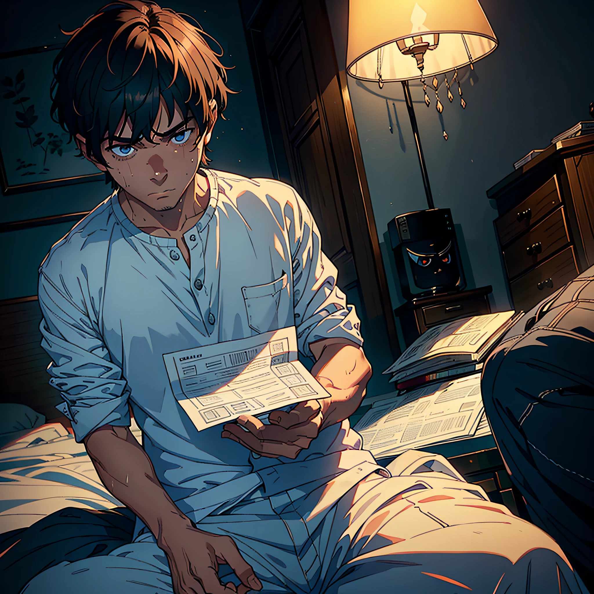 A man, sitting on the bed, looking at the note in his hand, his face is full of cold sweat, (sweating: 1.5), (frightened expression: 1.5), the best picture quality, 8K, CG, detailed facial description