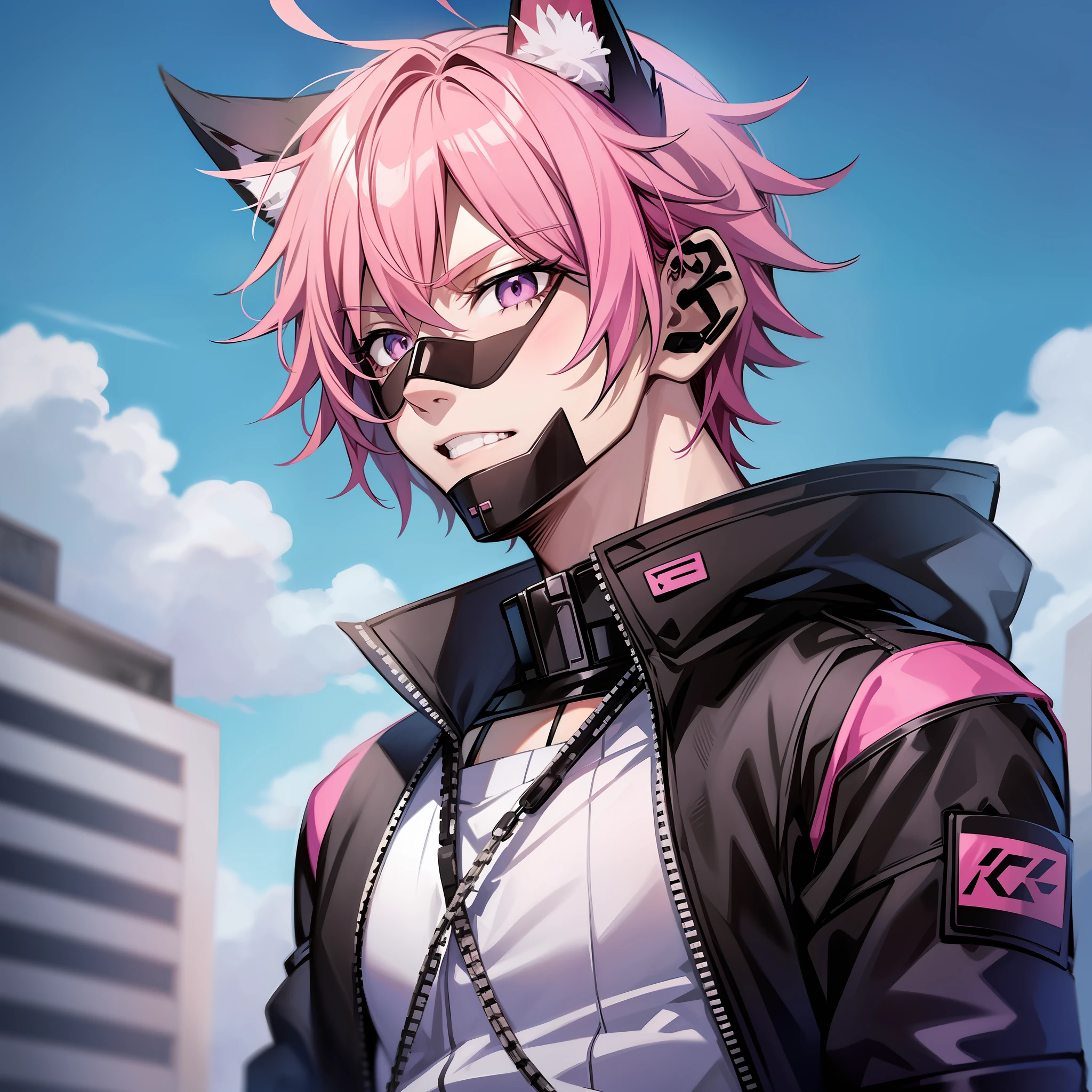 Anime boy pink hair black costume portrait bust, cat ears,gray eyes, best anime, badass anime, male, high quality anime art, cat boy anime, stylish hip hop outfit, blue sky background with clouds