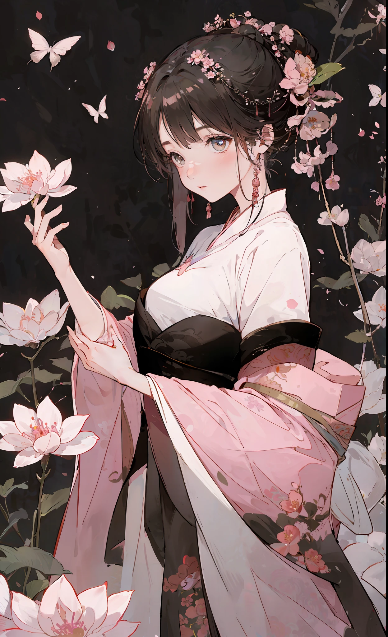 ((Masterpiece)),((Best Quality)),8K, High Detailed, Ultra-Detailed, a beautiful scenery with peach blossoms in full bloom, and in the center of it stands a stunning ((Hanfu)) clad girl. Her dress is a light pink color with delicate floral patterns, and her hair is styled in an intricate updo with strands of hair falling down in soft curls. Her face is serene and gentle, and her eyes gaze off into the distance as she holds a small bouquet of peach blossoms in her hand. The attention to detail is remarkable, with each individual petal of the blossoms and every fold of her dress expertly crafted, resulting in a breathtaking work of art that captures the beauty and grace of traditional Chinese culture.