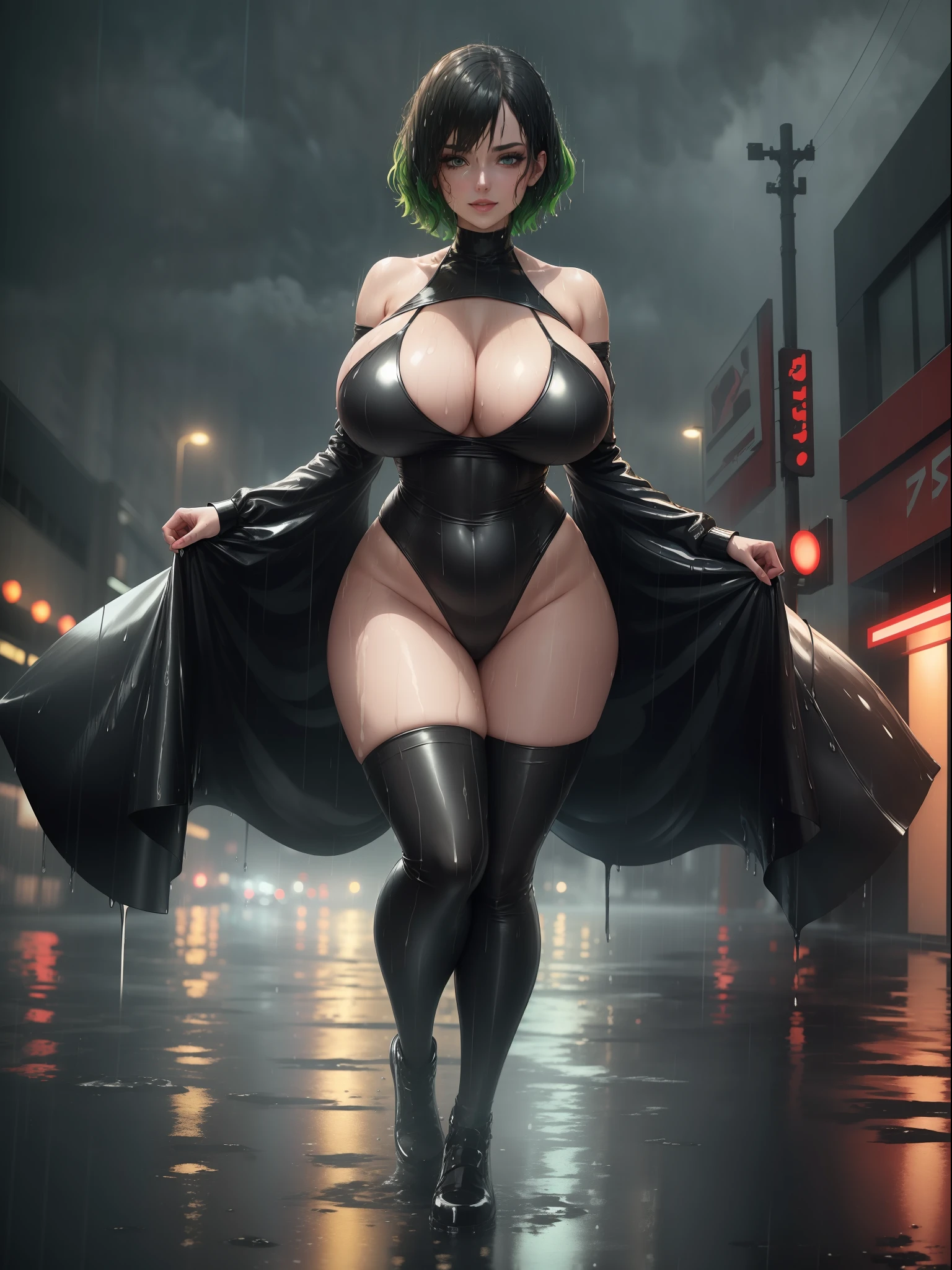 (Full body image:1.4), 1Laura/Female, (big breasts:1.3). Wearing black/parts in red/futuristic outfit, looking at viewer, smiling. She is in a city at night raining heavily and thundering. She has (short green hair:1.0), (light blue eyes::1.0), is doing an exhibitionist pose, her attire is (extremely tight:1.3) on her body, (body/hair/attire/extremely damp and wet:1.3), anime, 16k, award winning, high quality, high details, masterpiece, UHD