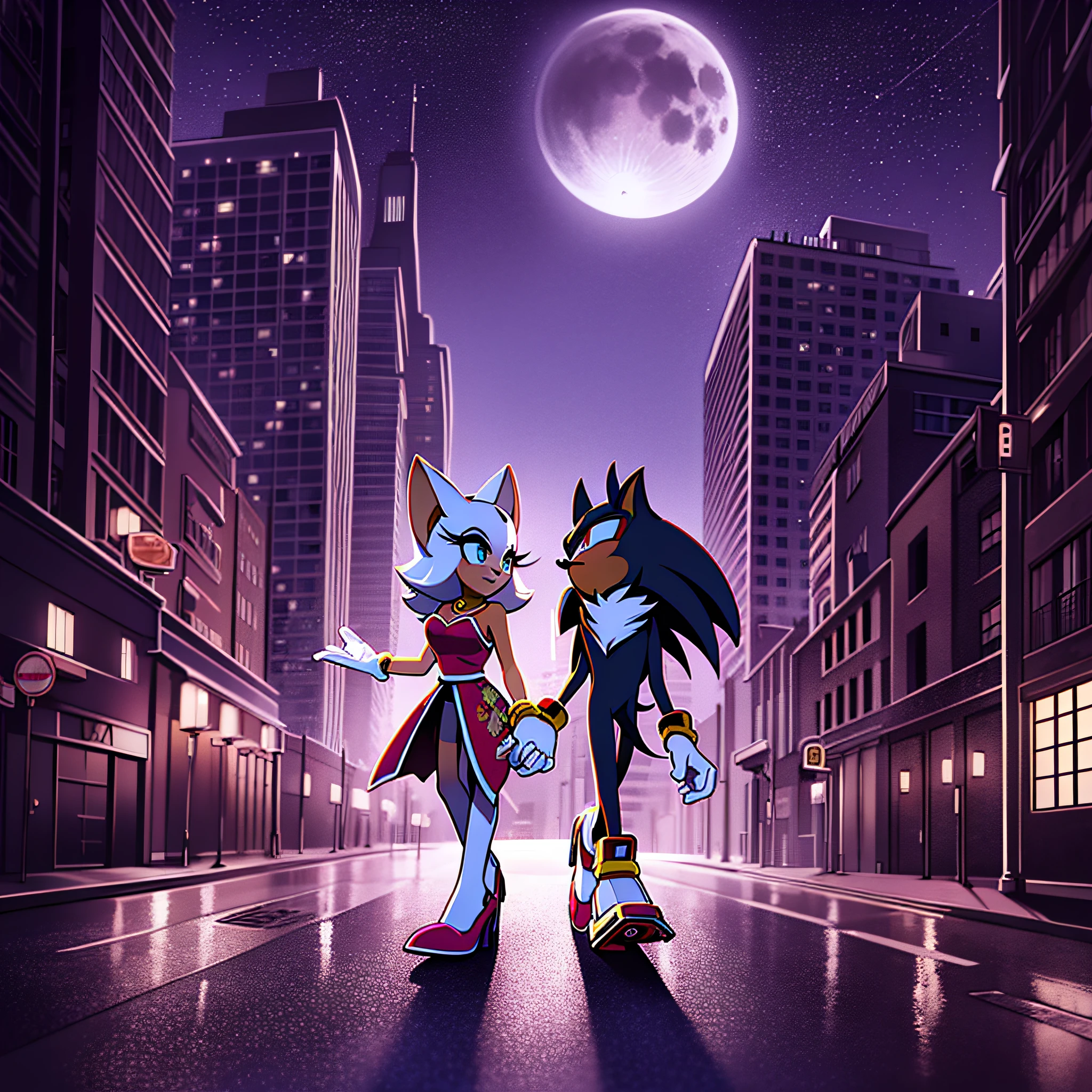 (romantic, ultra-detailed, HD, 4K digital art), moonlit city night, (Shadow the Hedgehog, Rouge the Bat walking hand in hand towards the camera)